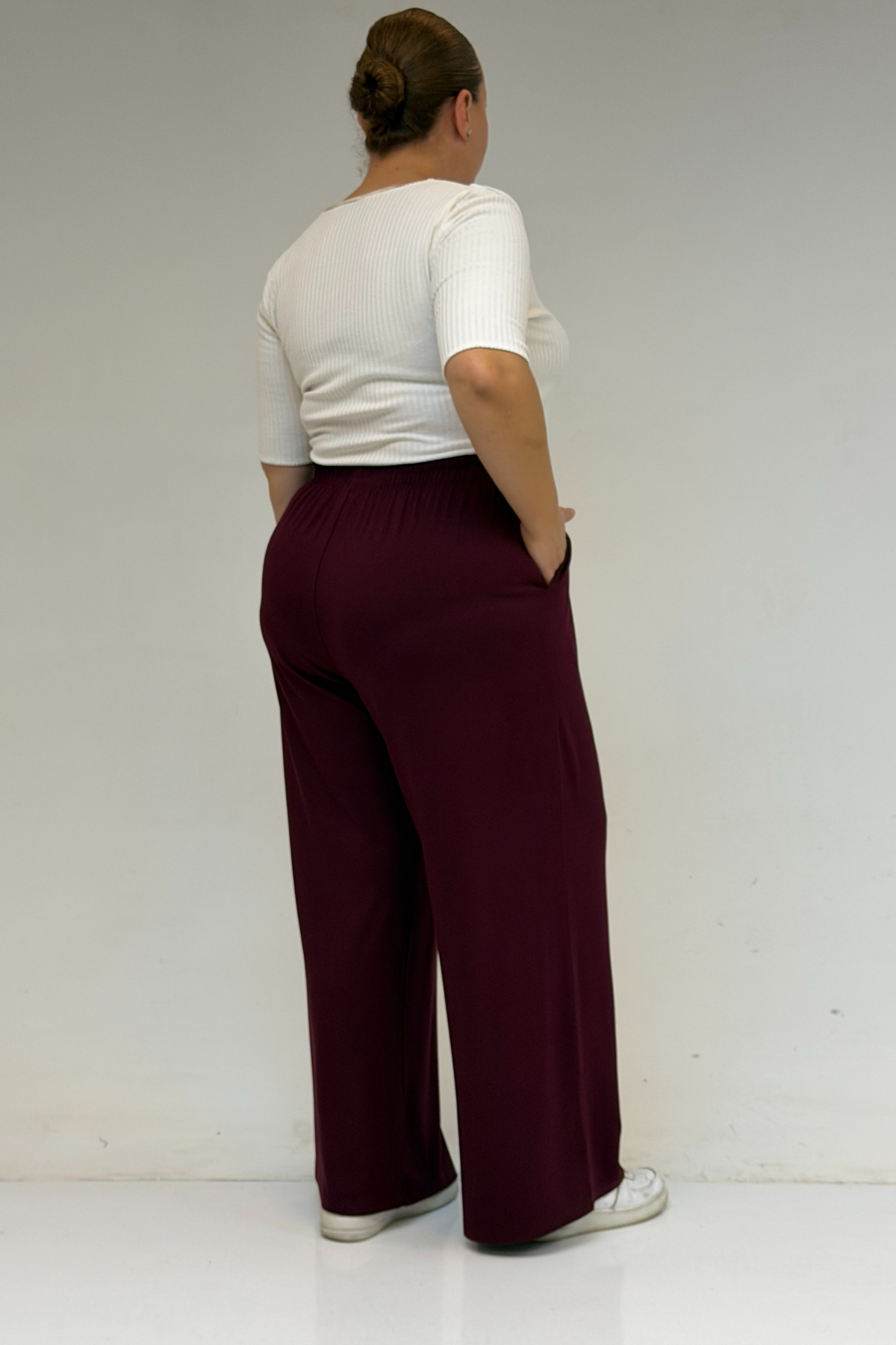 39000 Büyük Beden Yüksek Beli Lastikli Bol Paça Penye Pantolon - Bordo