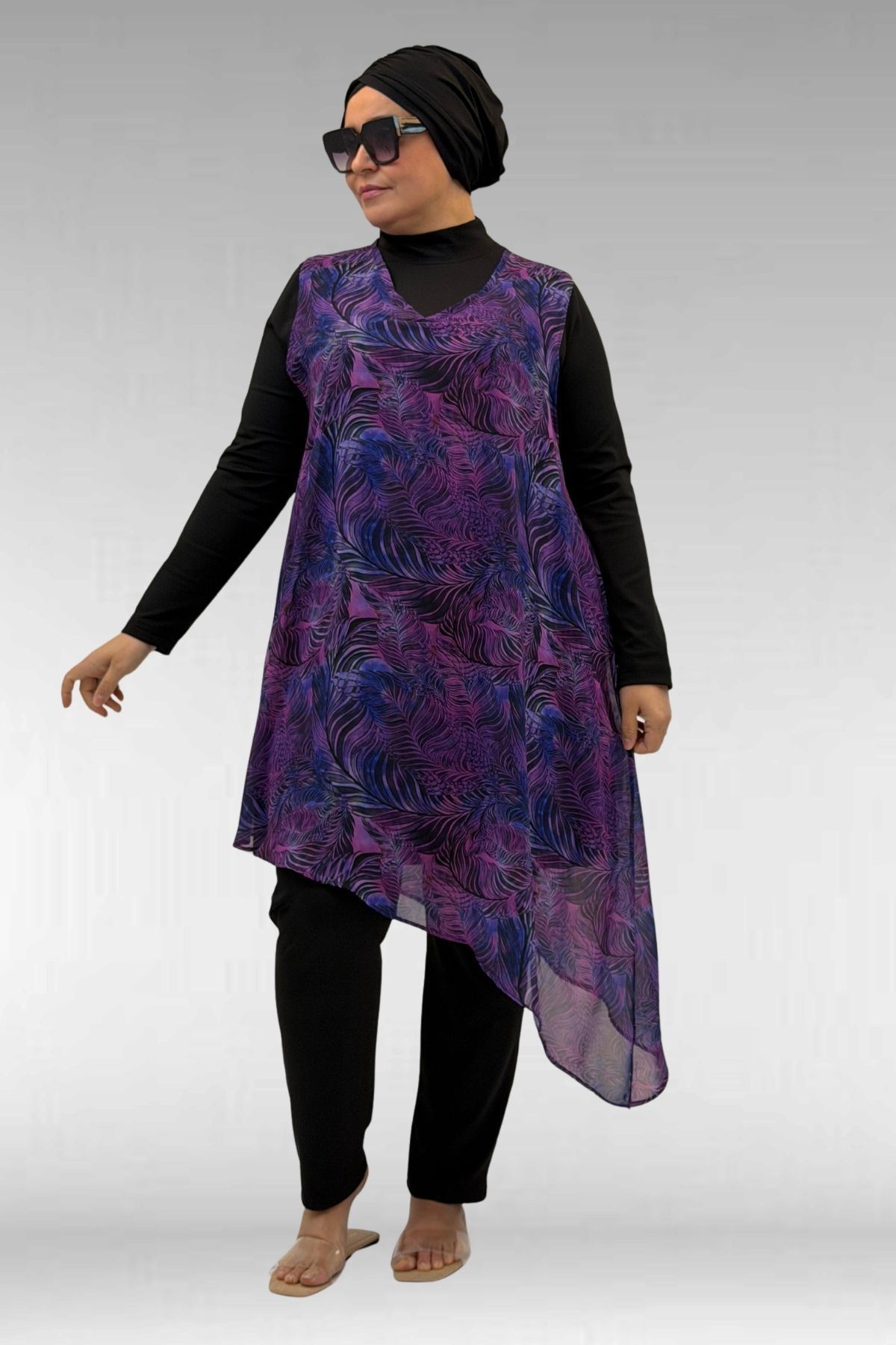 1723 Büyük Beden Uzunkol Şifon Pareolu Tesettür Mayo - Yaprak Desen Mor-Siyah