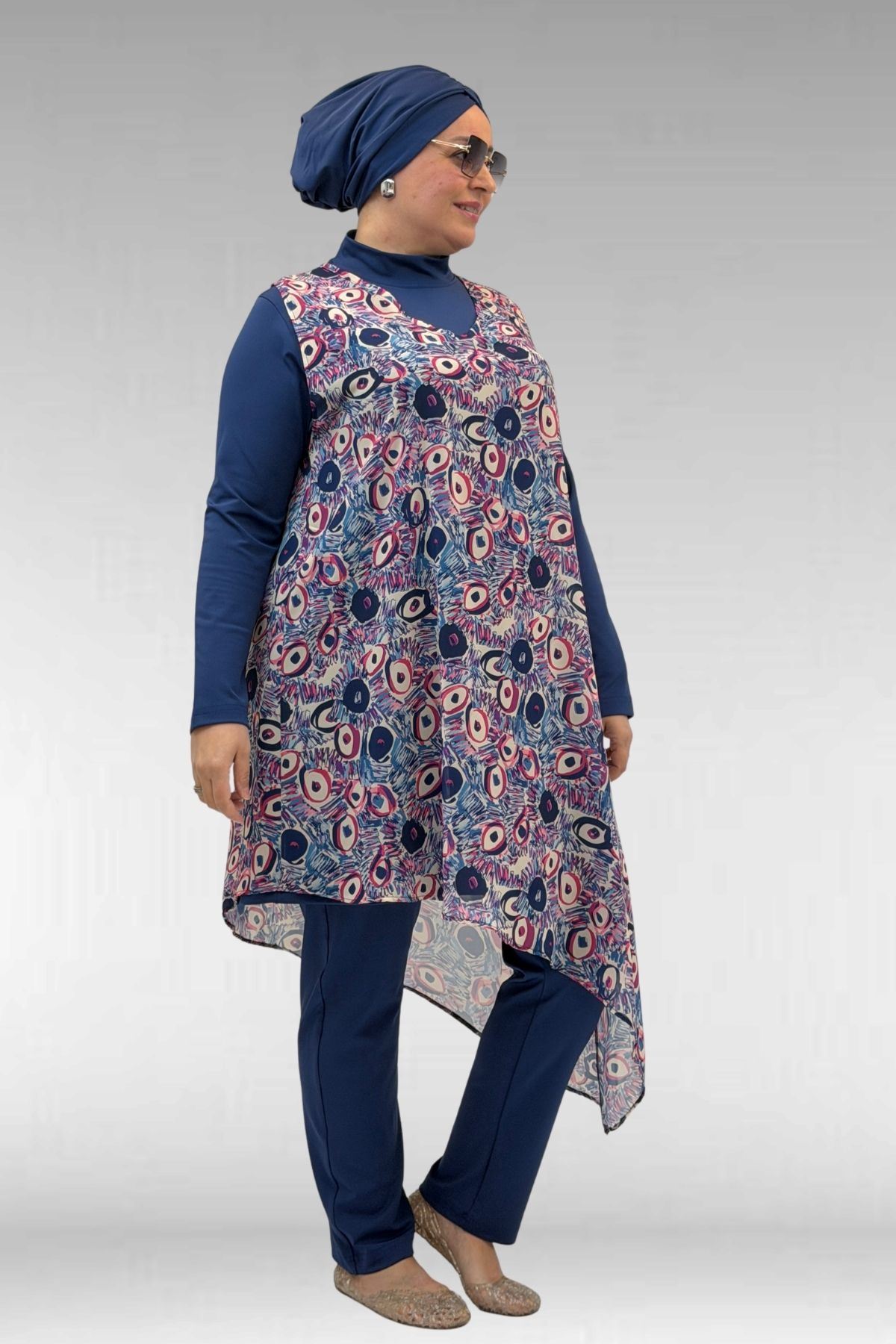 1723 Büyük Beden Uzunkol Şifon Pareolu Tesettür Mayo - Göz Desen İndigo-İndigo