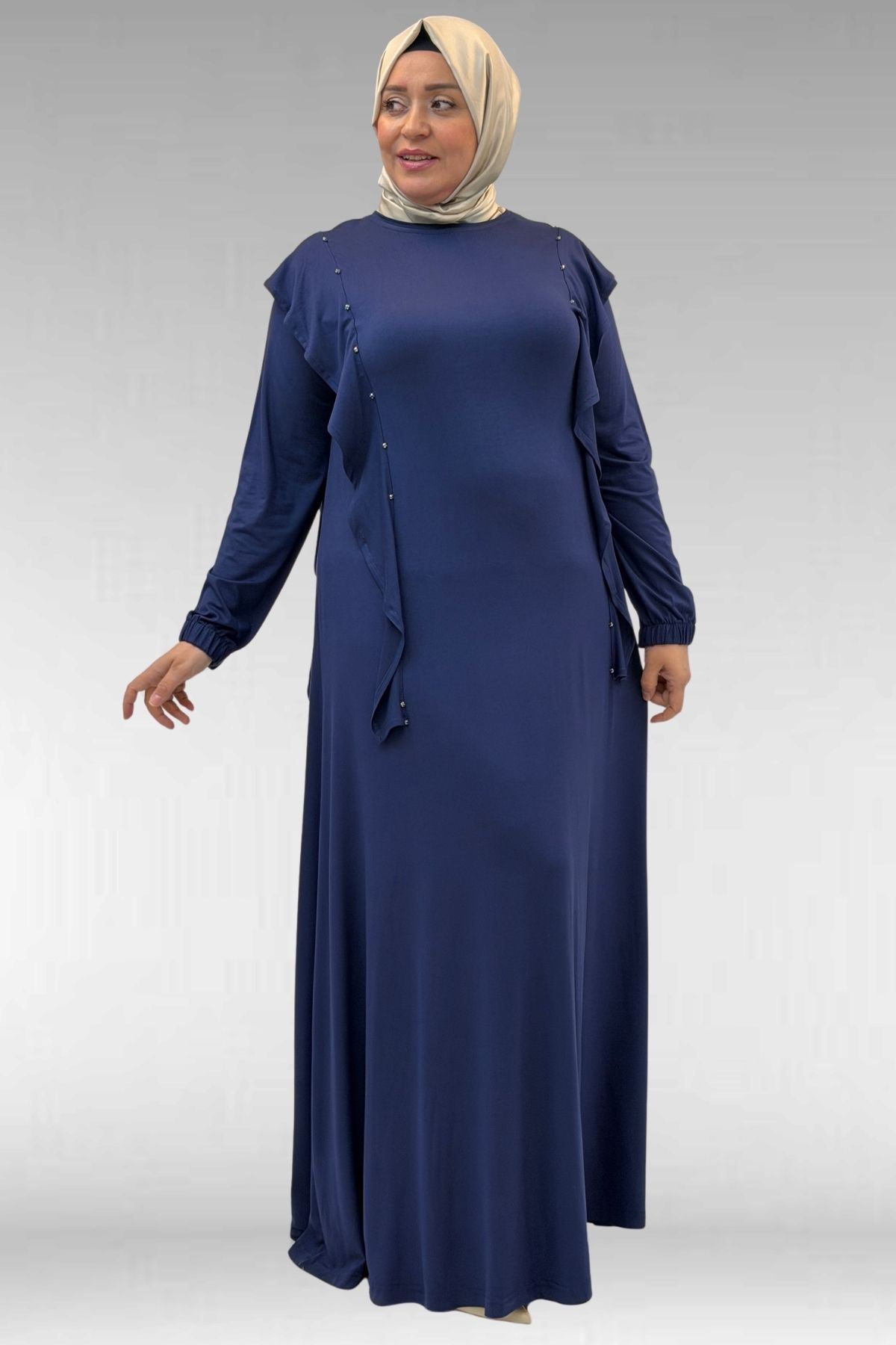 62003 Büyük Beden Omuzdan Aşağı Fırfır Detaylı Penye Elbise - İndigo