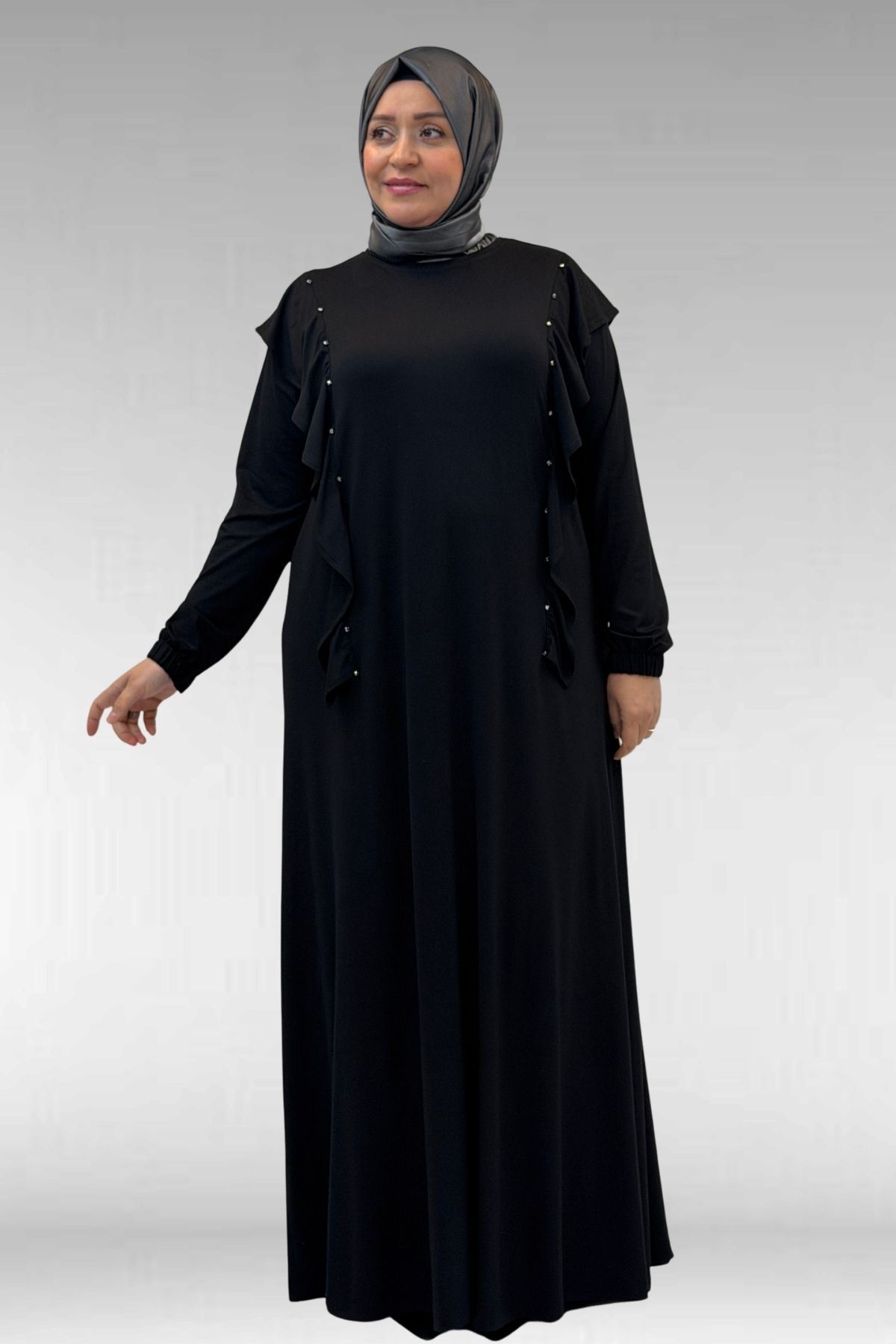 62003 Büyük Beden Omuzdan Aşağı Fırfır Detaylı Penye Elbise - Siyah