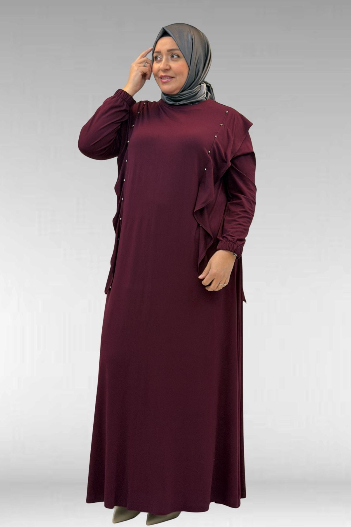 62003 Büyük Beden Omuzdan Aşağı Fırfır Detaylı Penye Elbise - Bordo