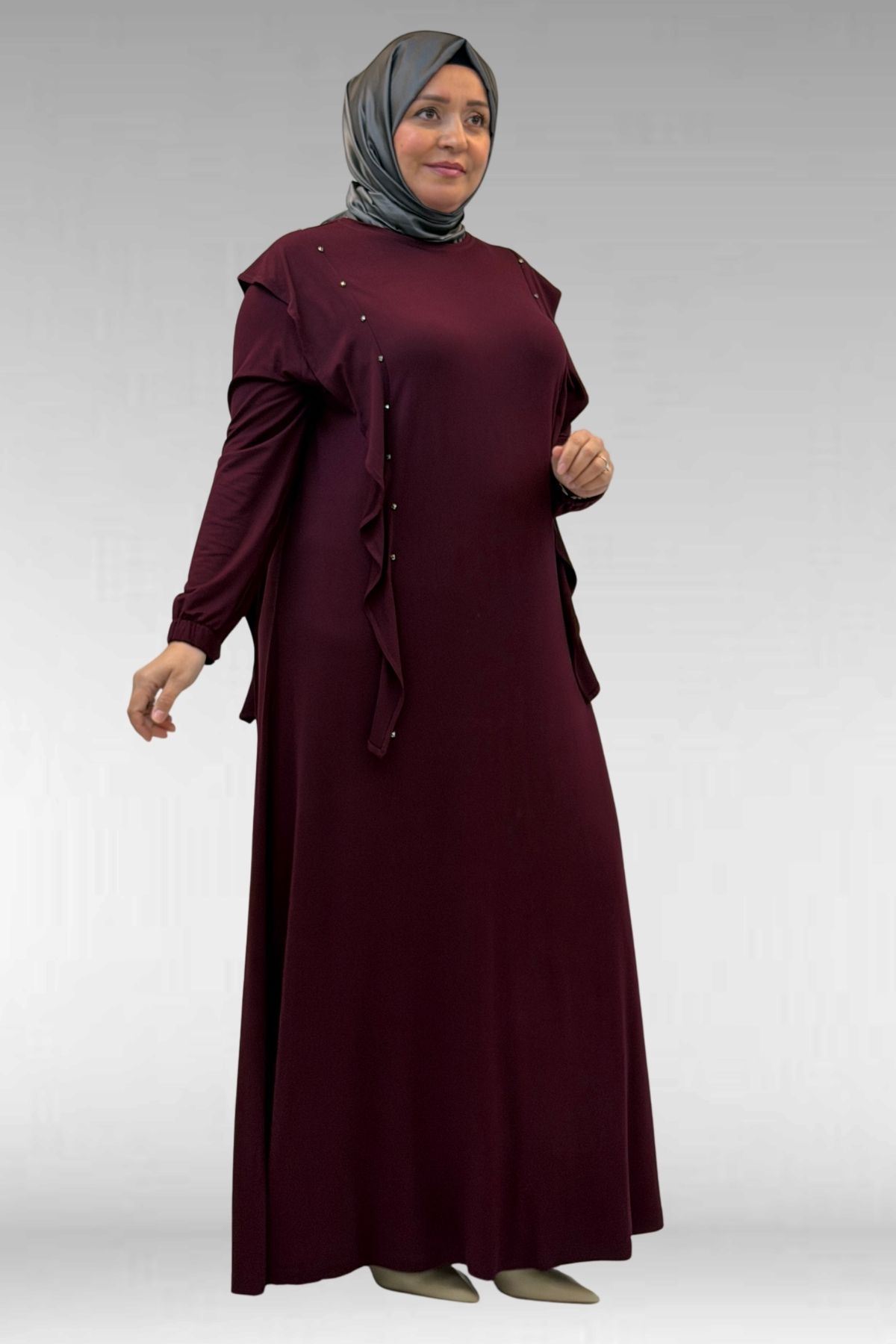 62003 Büyük Beden Omuzdan Aşağı Fırfır Detaylı Penye Elbise - Bordo