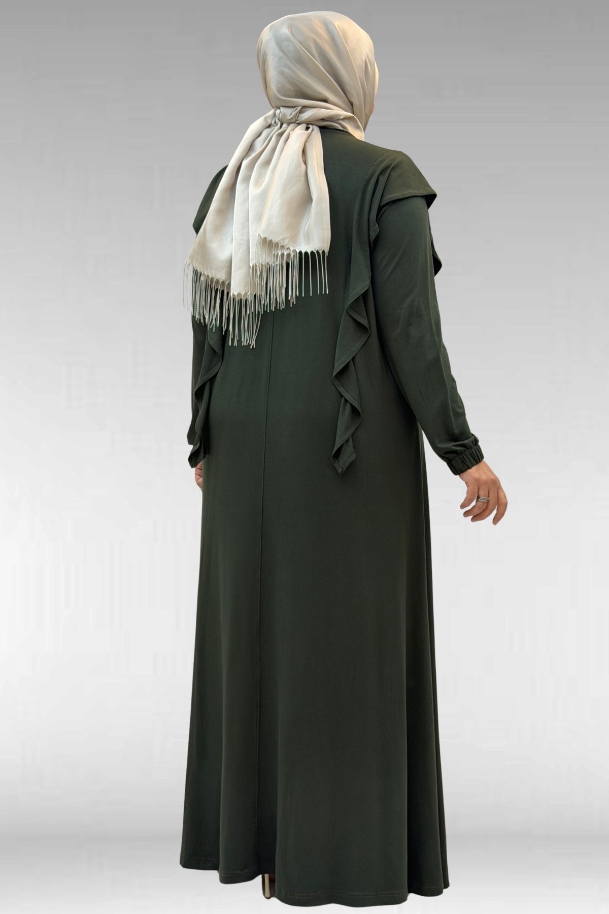 62003 Büyük Beden Omuzdan Aşağı Fırfır Detaylı Penye Elbise - Haki