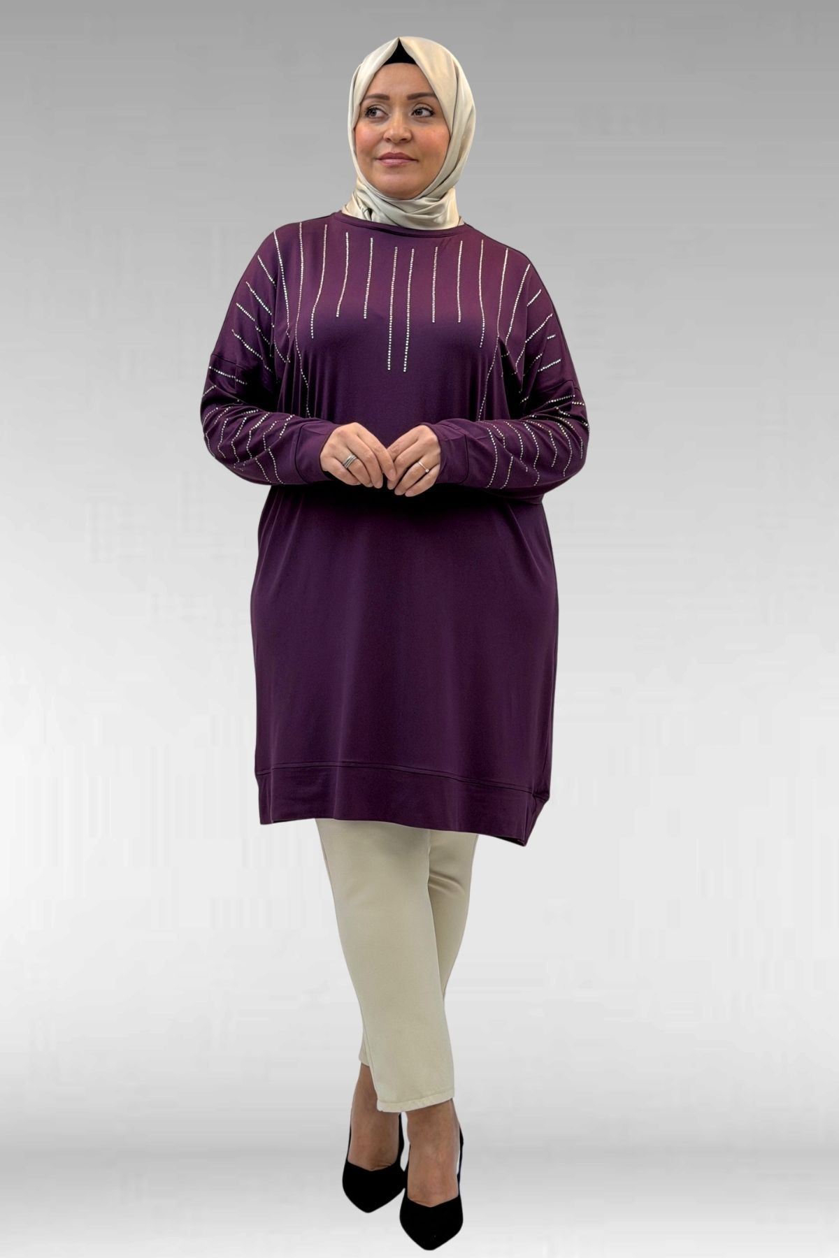 68020 Büyük Beden Damla Taş Detaylı Penye Tunik - Mürdüm