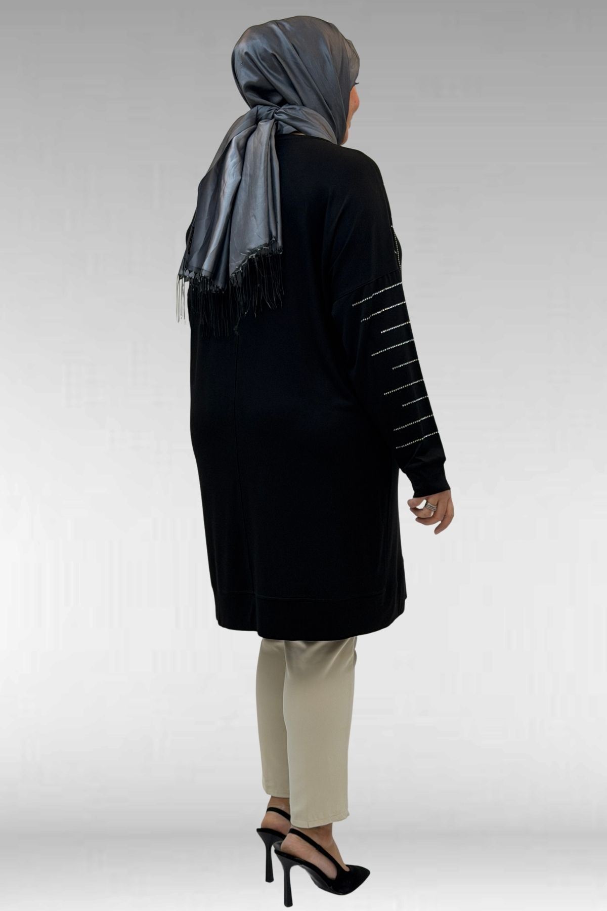 68020 Büyük Beden Damla Taş Detaylı Penye Tunik - Siyah