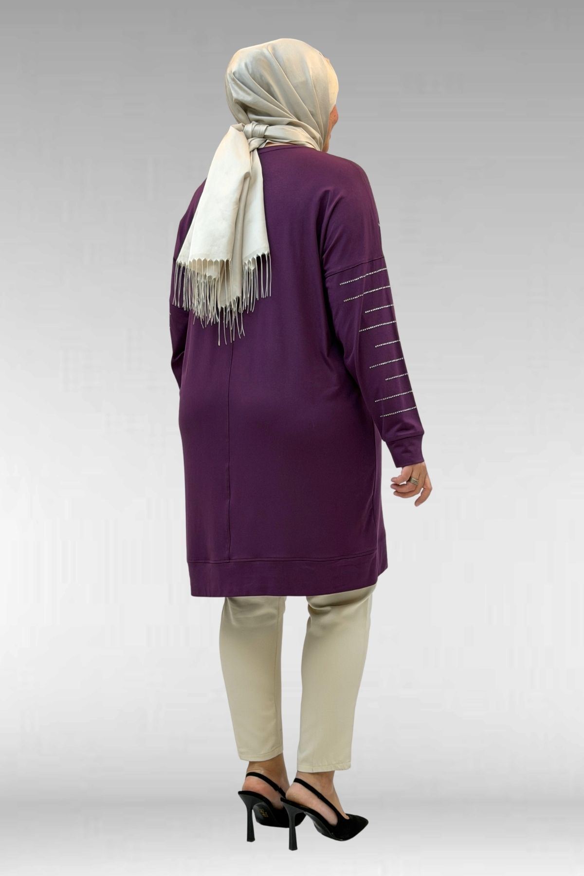 68020 Büyük Beden Damla Taş Detaylı Penye Tunik - Mürdüm