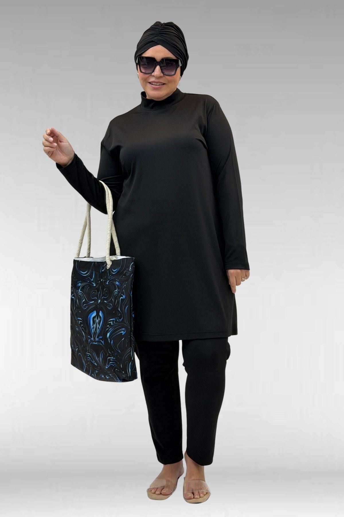 1738 Büyük Beden Düz Renk Tesettür Mayo - Siyah