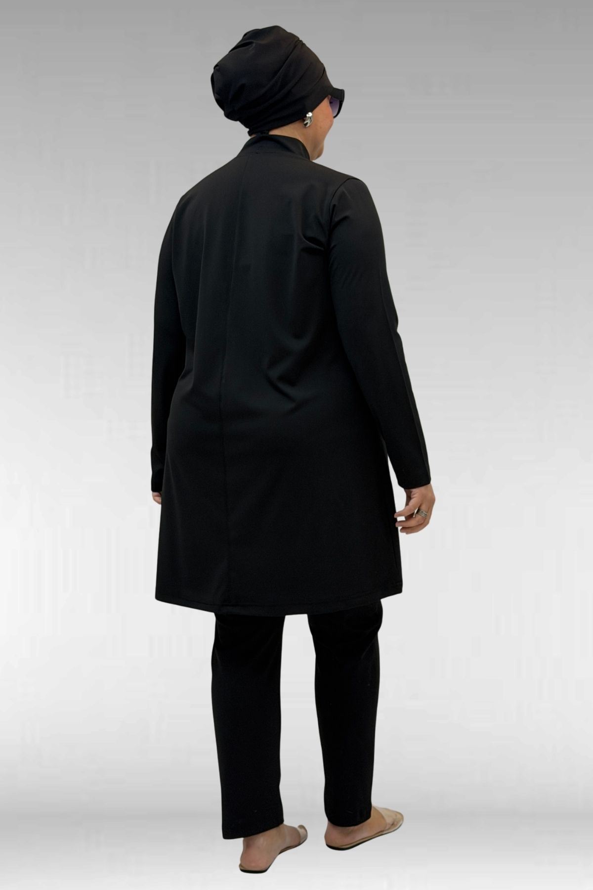 1738 Büyük Beden Düz Renk Tesettür Mayo - Siyah