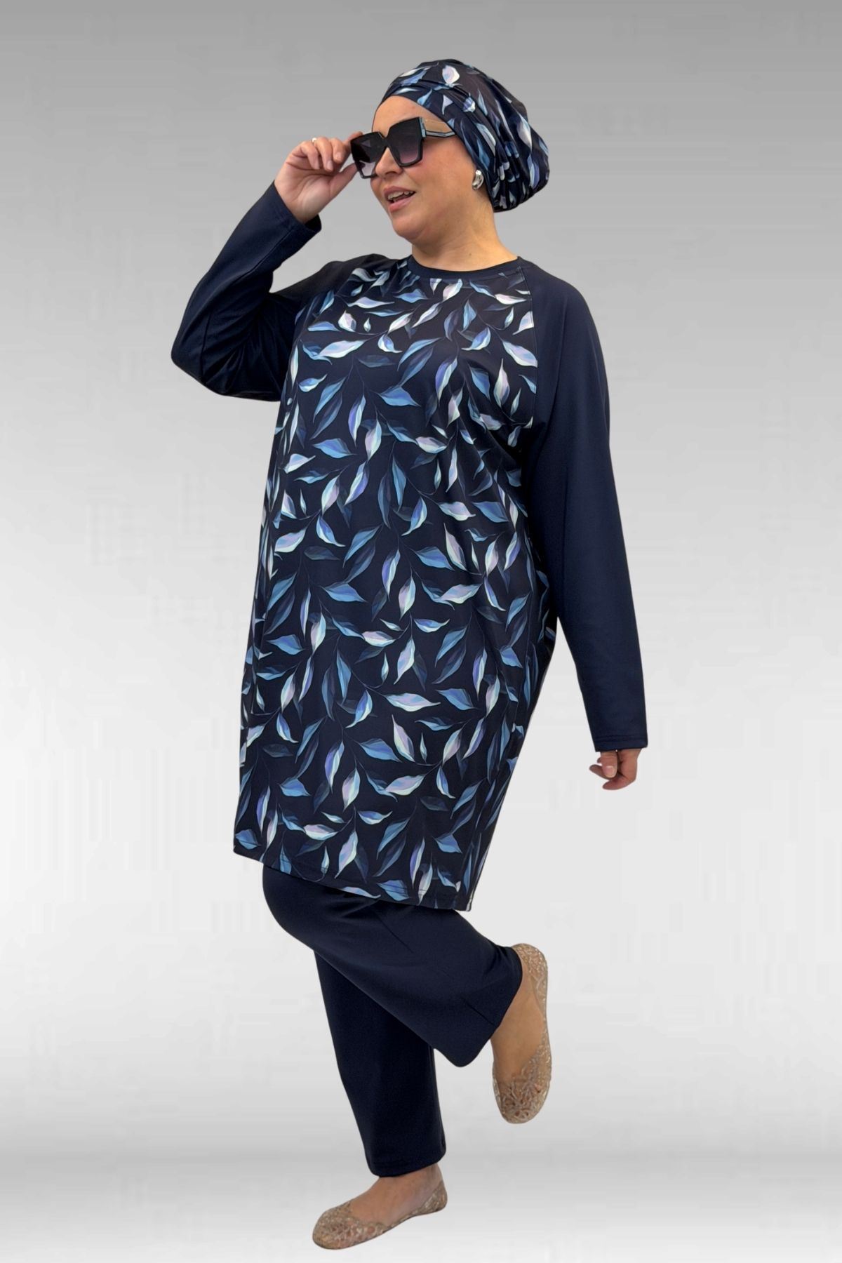 1742 Büyük Beden Uzunkol Tesettür Mayo Takım - Laci Yaprak Desenli-Laci