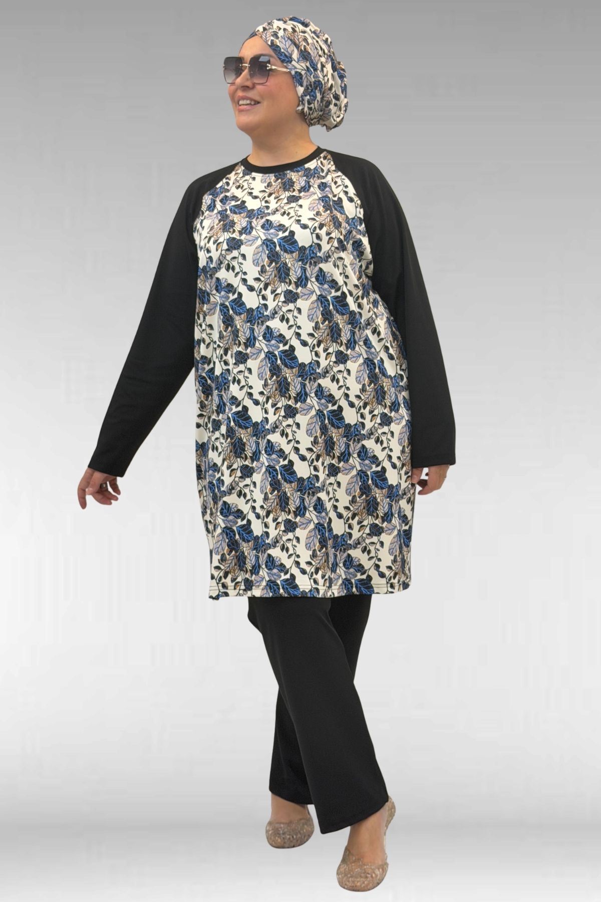 1742 Büyük Beden Uzunkol Tesettür Mayo Takım - Yaprak Desen Mavi