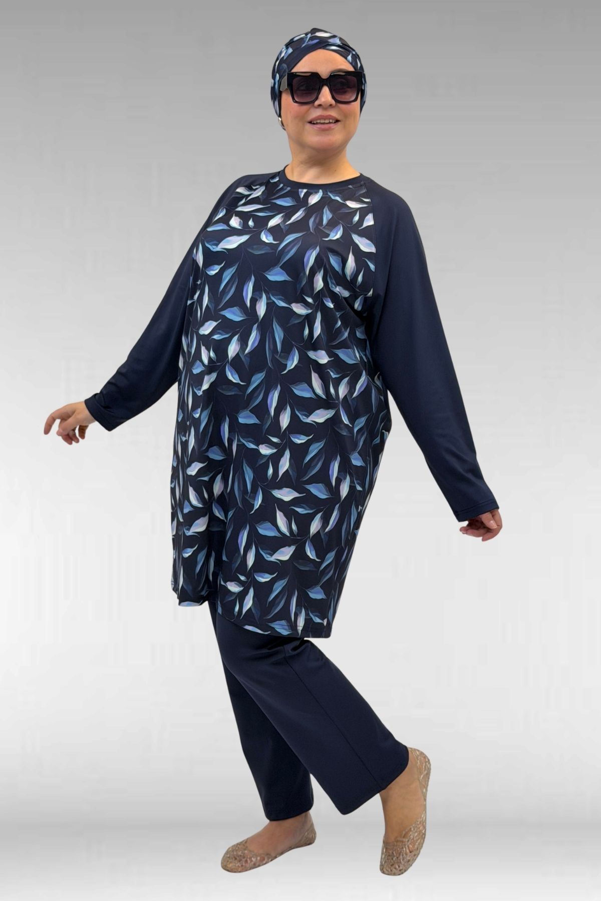 1742 Büyük Beden Uzunkol Tesettür Mayo Takım - Laci Yaprak Desenli-Laci