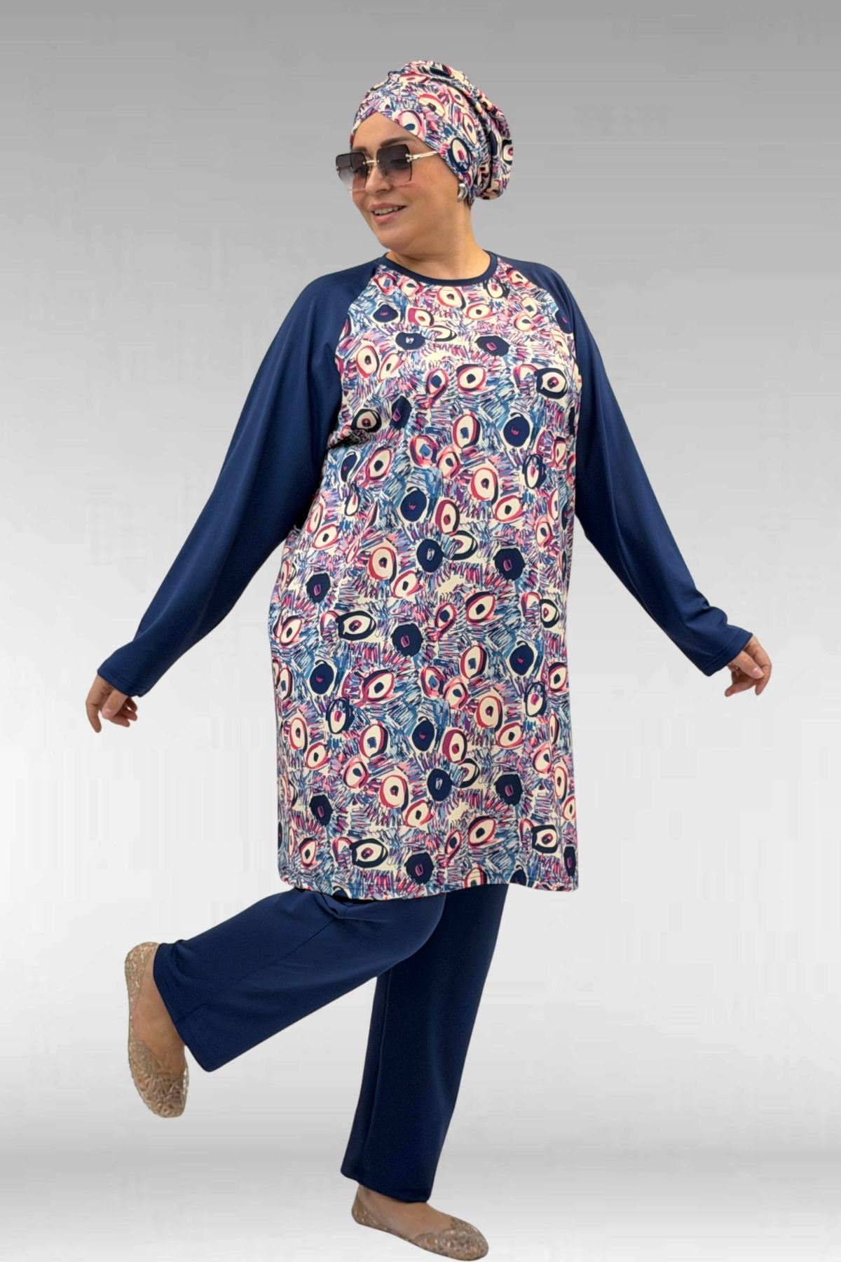 1742 Büyük Beden Uzunkol Tesettür Mayo Takım - Göz Desen İndigo