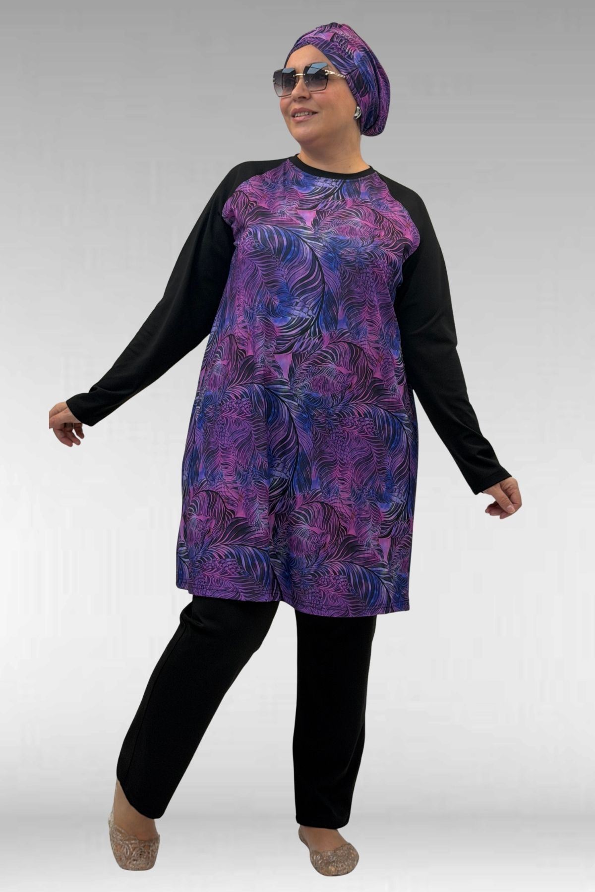 1742 Büyük Beden Uzunkol Tesettür Mayo Takım - Yaprak Desen Mor