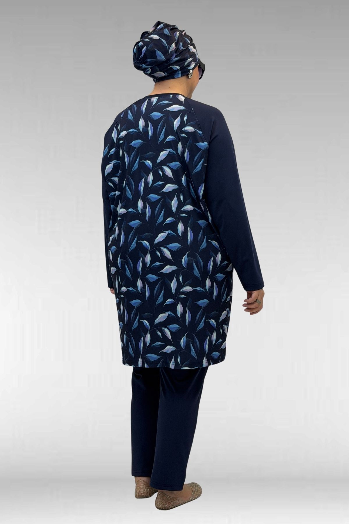 1742 Büyük Beden Uzunkol Tesettür Mayo Takım - Laci Yaprak Desenli-Laci