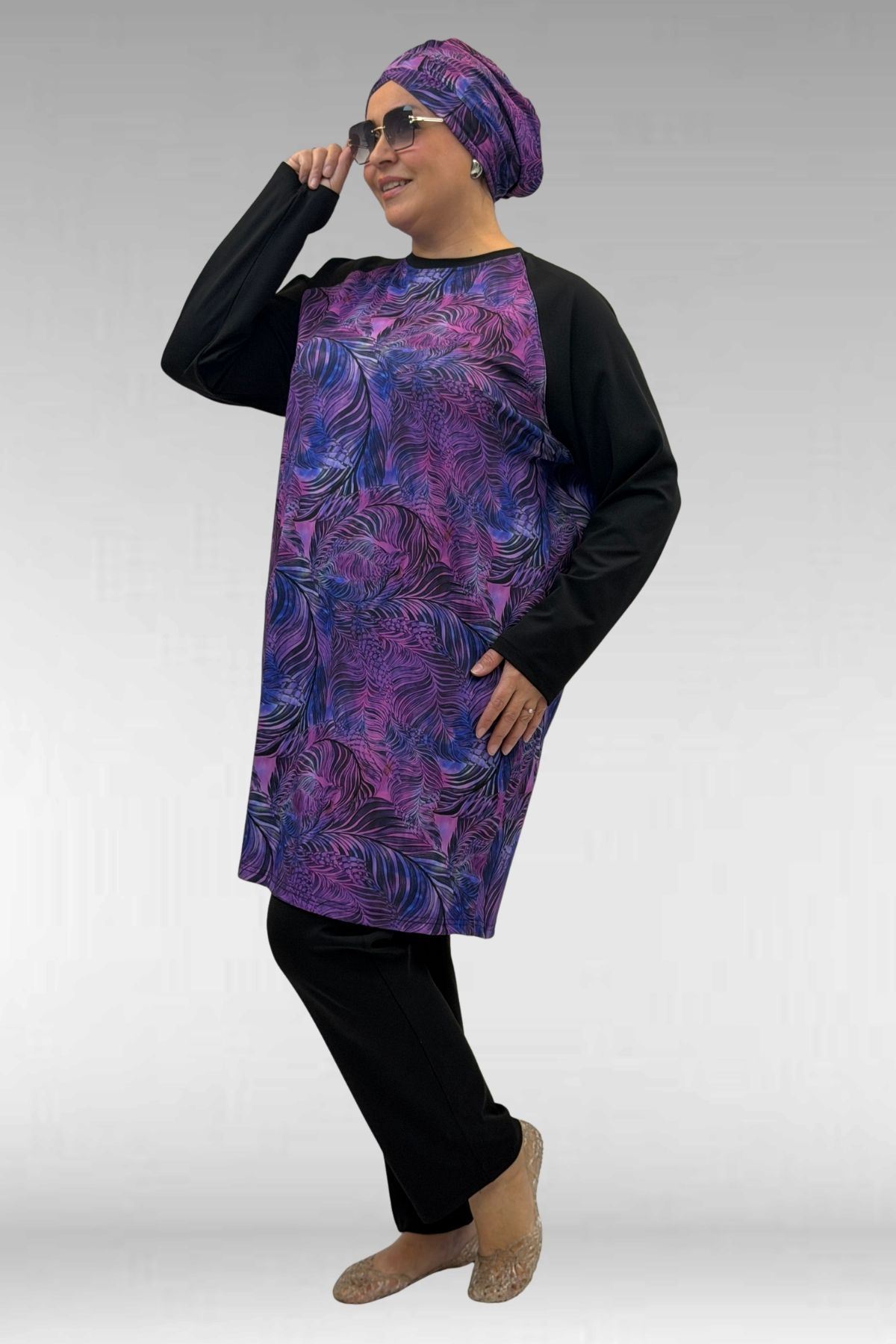 1742 Büyük Beden Uzunkol Tesettür Mayo Takım - Yaprak Desen Mor