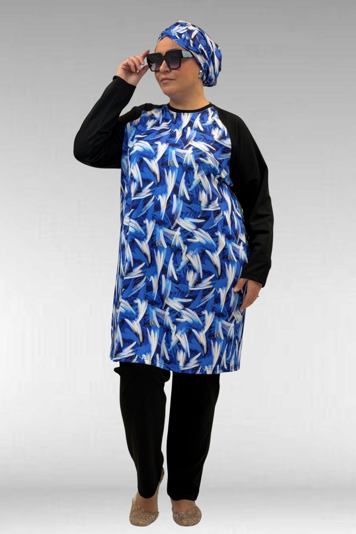 1742 Büyük Beden Uzunkol Tesettür Mayo Takım - Fırça Desen Saks