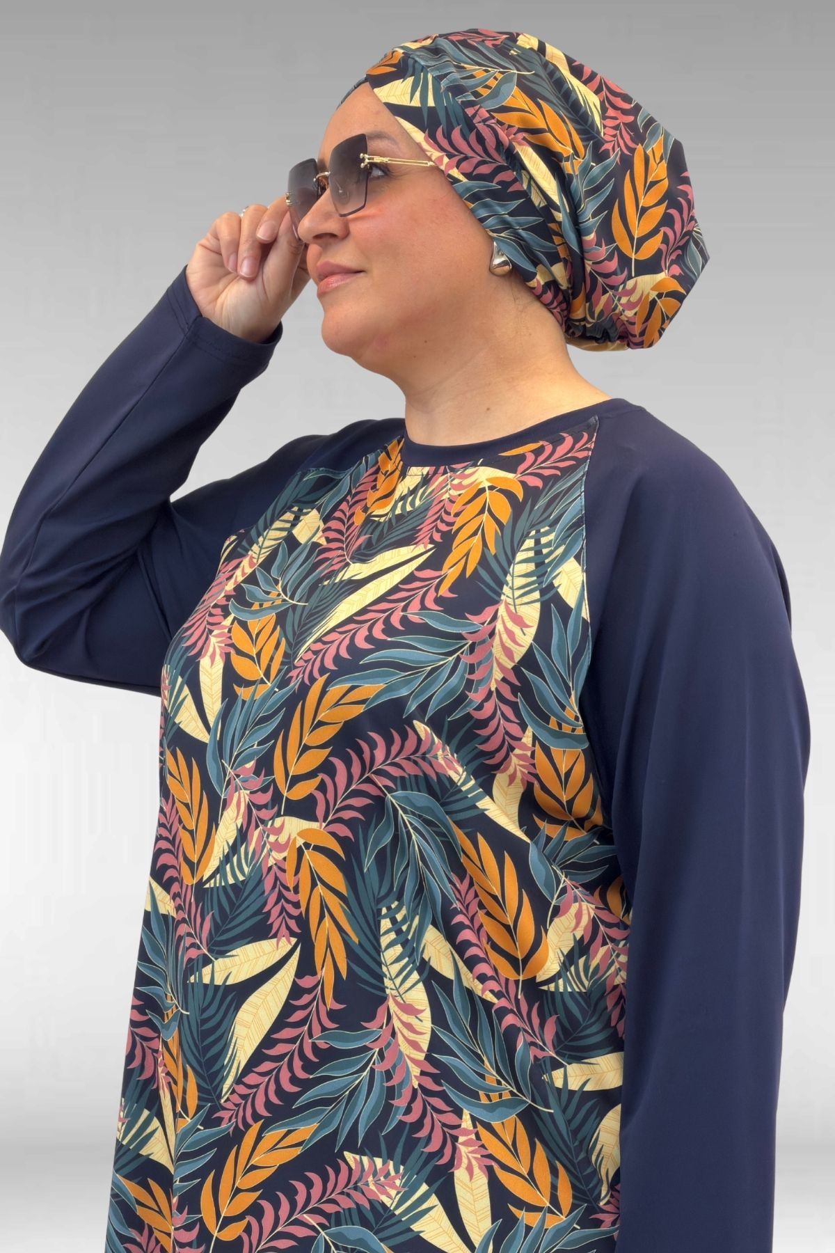 1742 Büyük Beden Uzunkol Tesettür Mayo Takım - Yaprak Desen Hardal