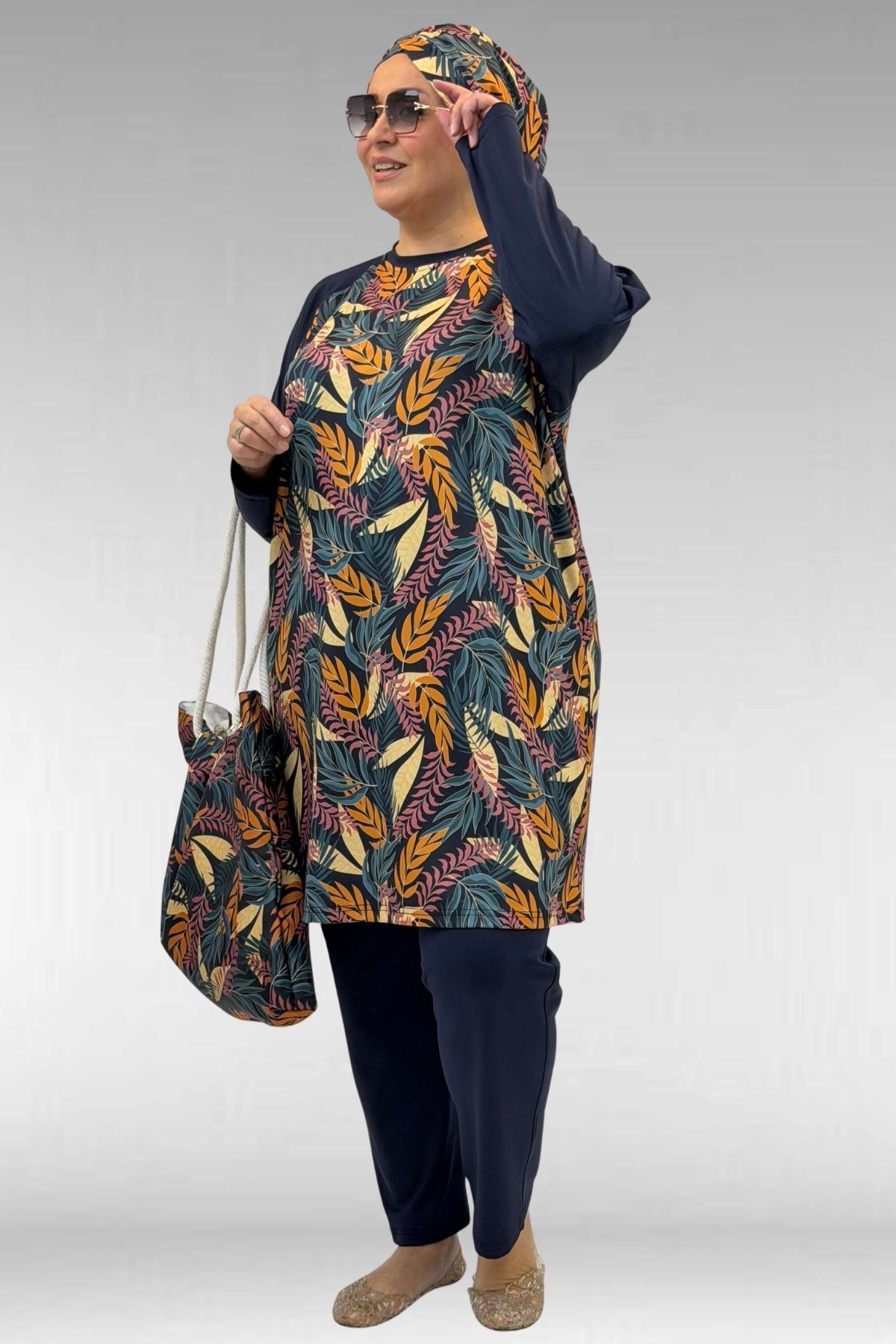 1742 Büyük Beden Uzunkol Tesettür Mayo Takım - Yaprak Desen Hardal