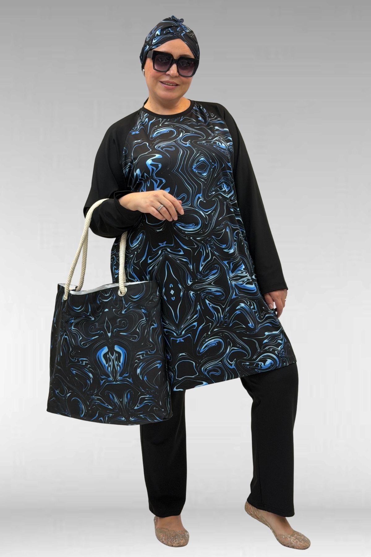 1742 Büyük Beden Uzunkol Tesettür Mayo Takım - Aqua Mavi