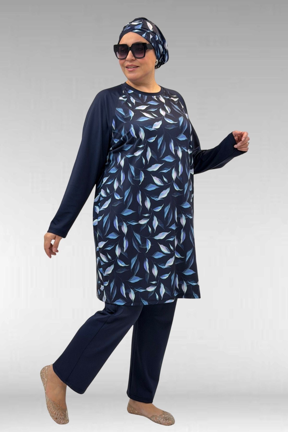 1742 Büyük Beden Uzunkol Tesettür Mayo Takım - Laci Yaprak Desenli-Laci