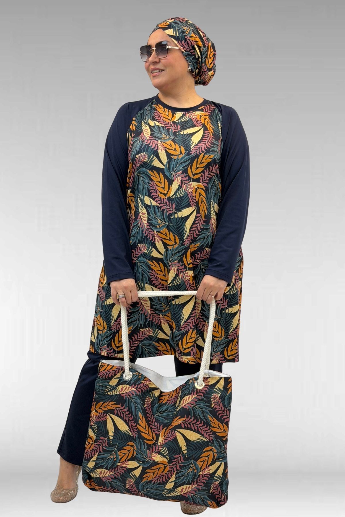 1742 Büyük Beden Uzunkol Tesettür Mayo Takım - Yaprak Desen Hardal