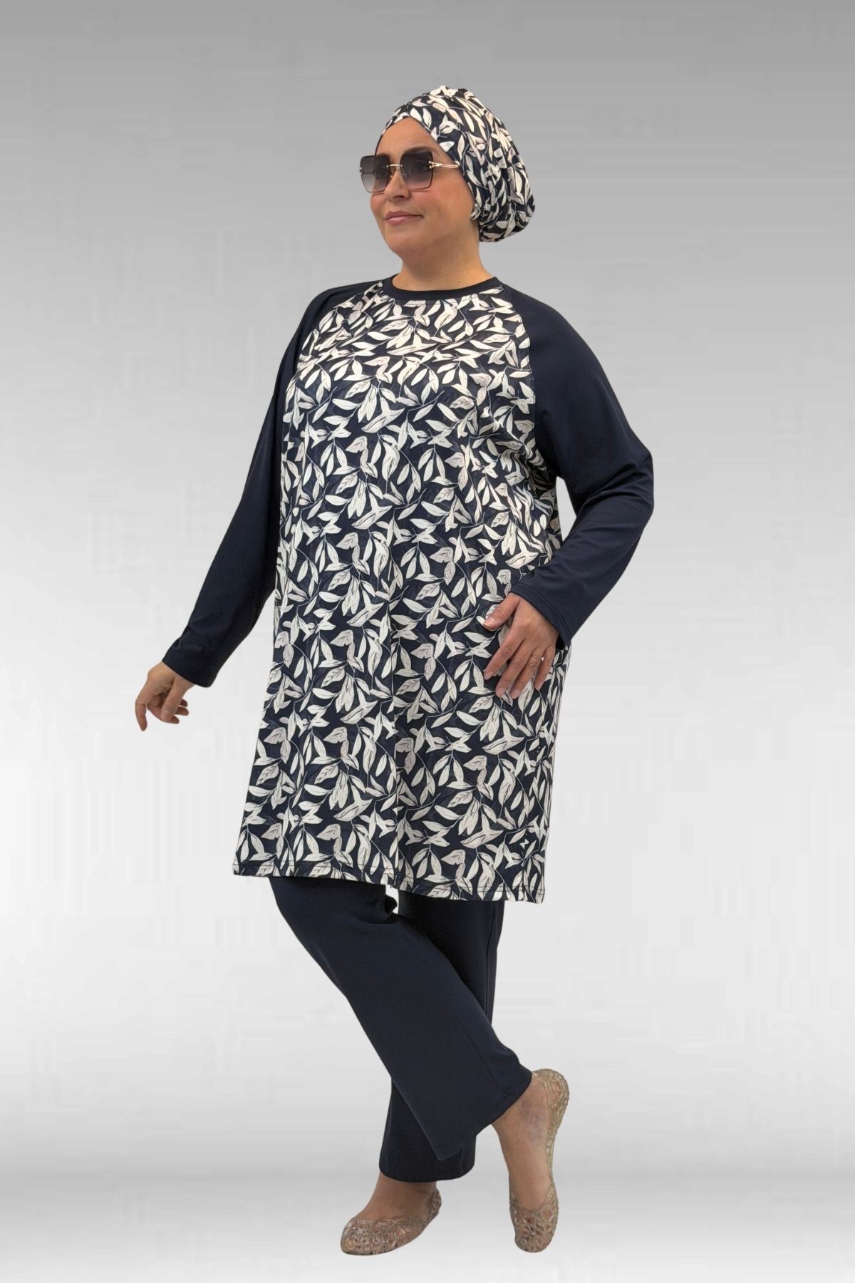 1742 Büyük Beden Uzunkol Tesettür Mayo Takım - Yaprak Desen Ekru