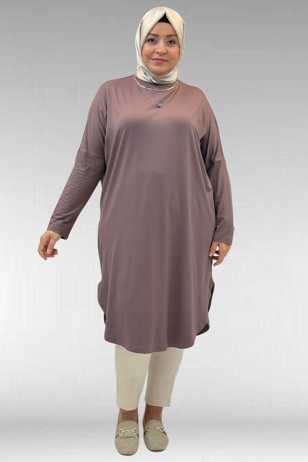 38110  Büyük Beden Düşük Kol Penye Tunik - Vizon