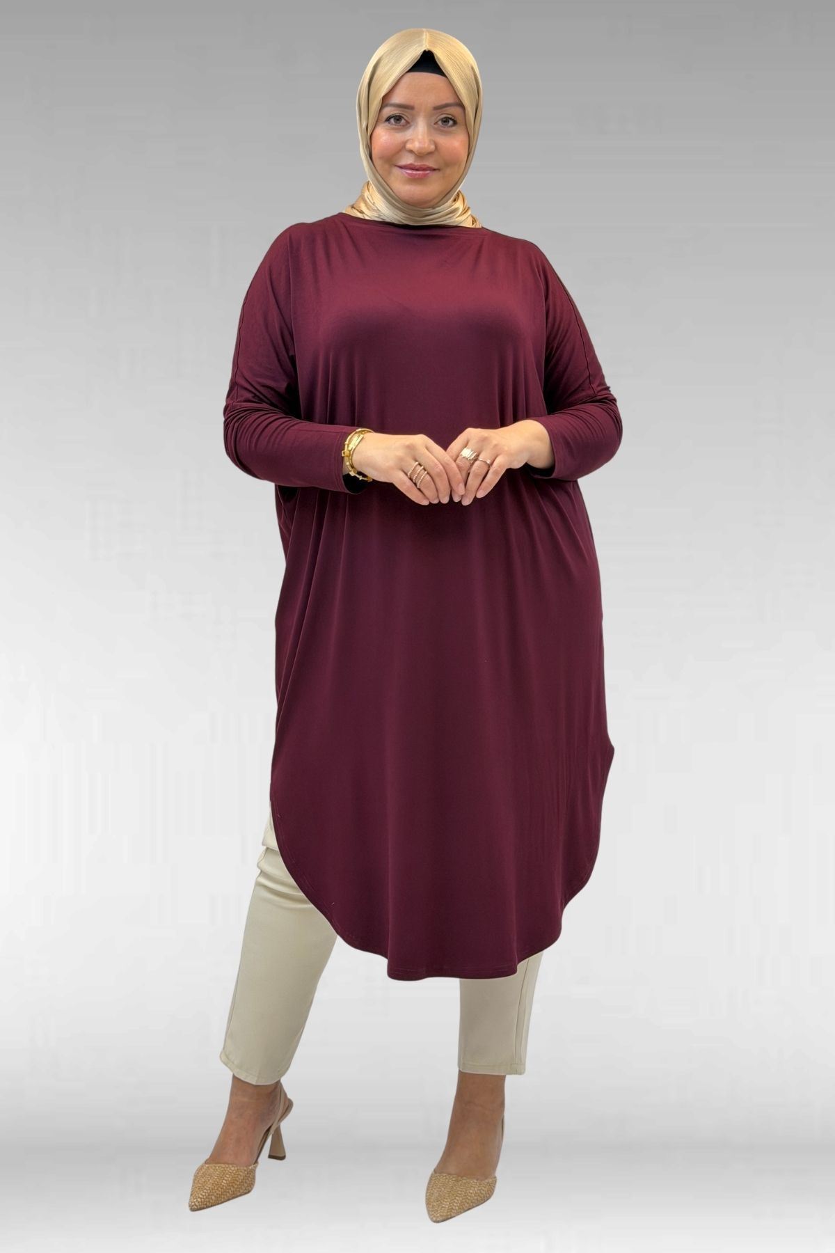 38110  Büyük Beden Düşük Kol Penye Tunik - Bordo