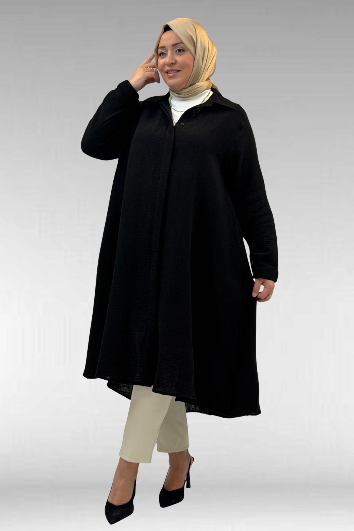 58093 Büyük Beden Mevlana Kesim Müslin Gömlek - Siyah