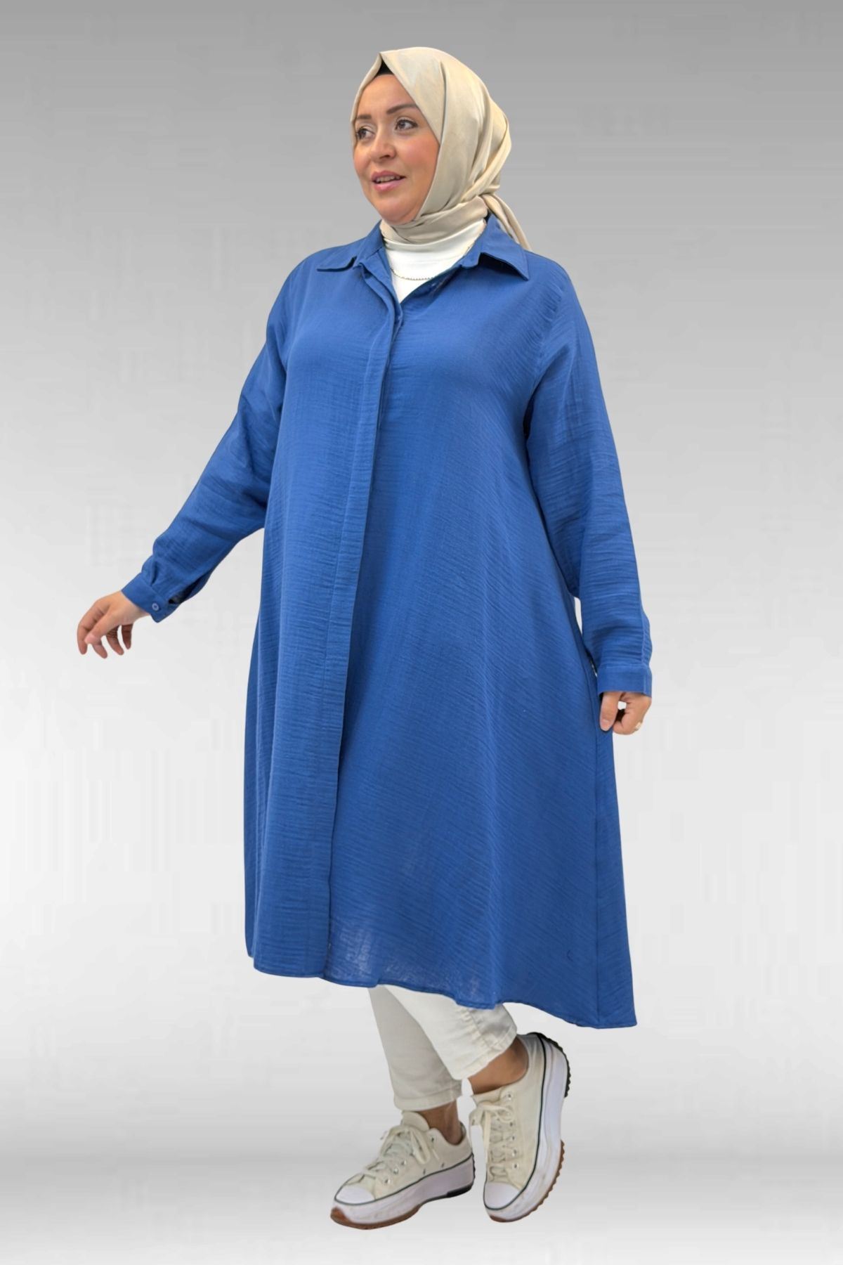 58093 Büyük Beden Mevlana Kesim Müslin Gömlek - İndigo