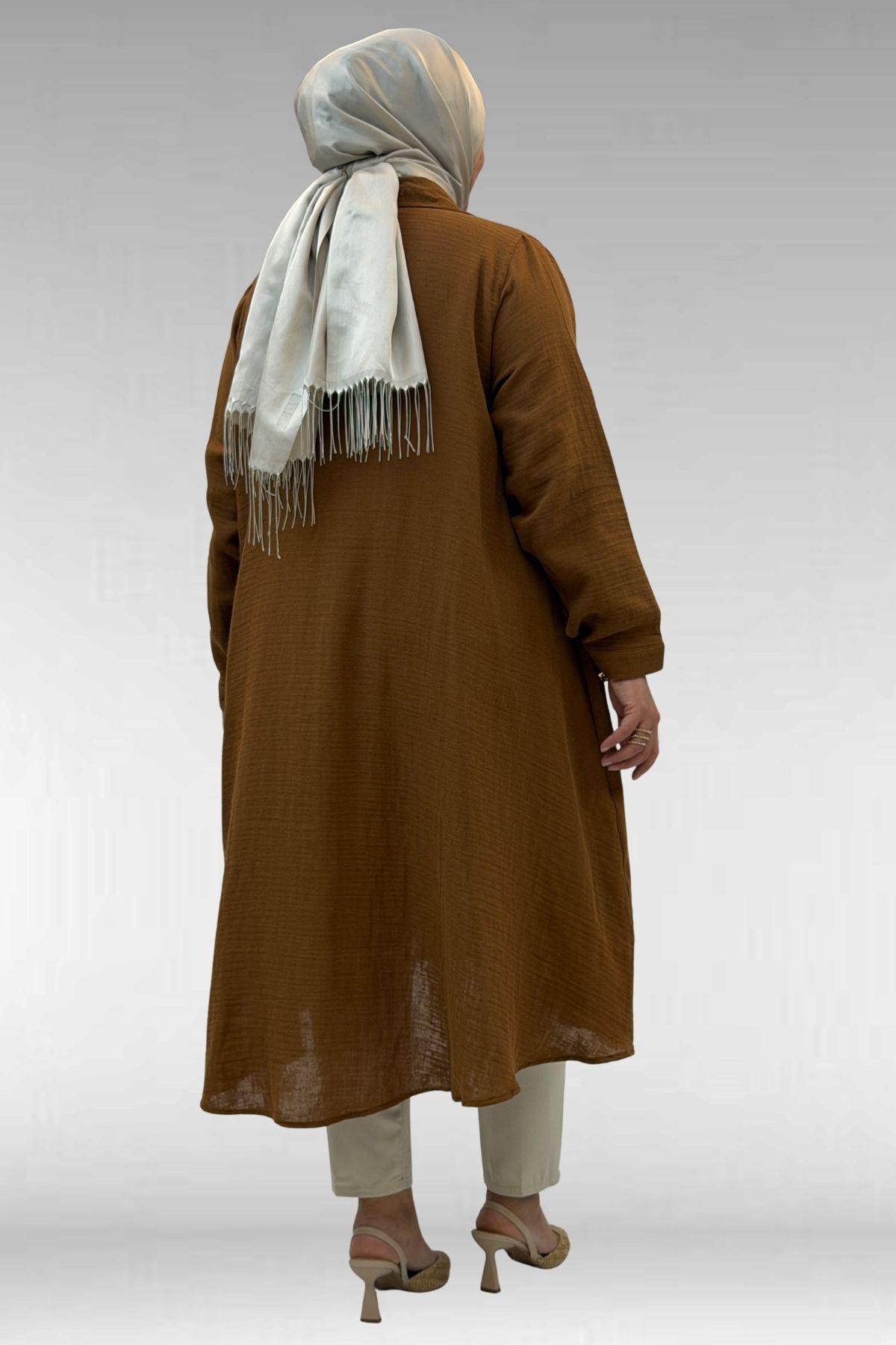 58093 Büyük Beden Mevlana Kesim Müslin Gömlek - Kahve