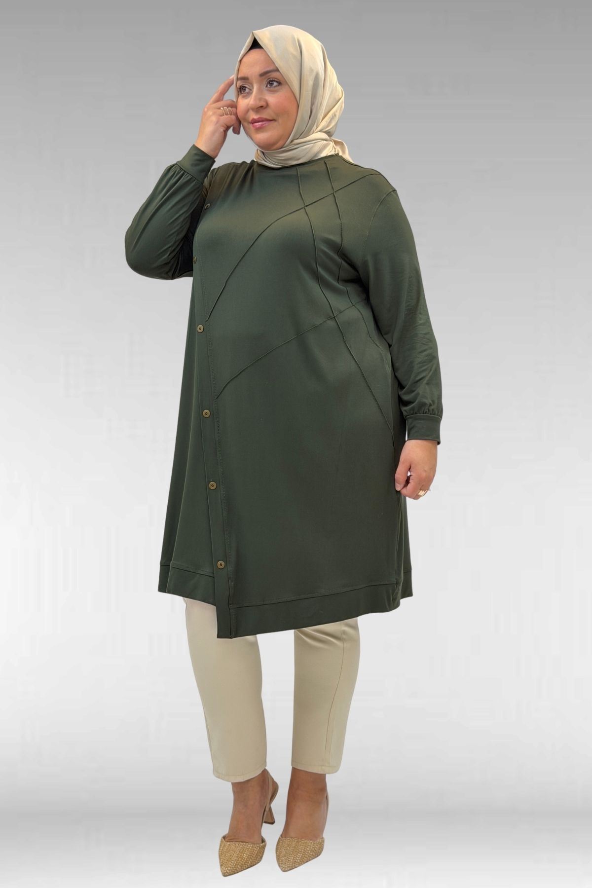 68006 Büyük Beden Pat Üzeri Düğme Detaylı Penye Tunik - Haki