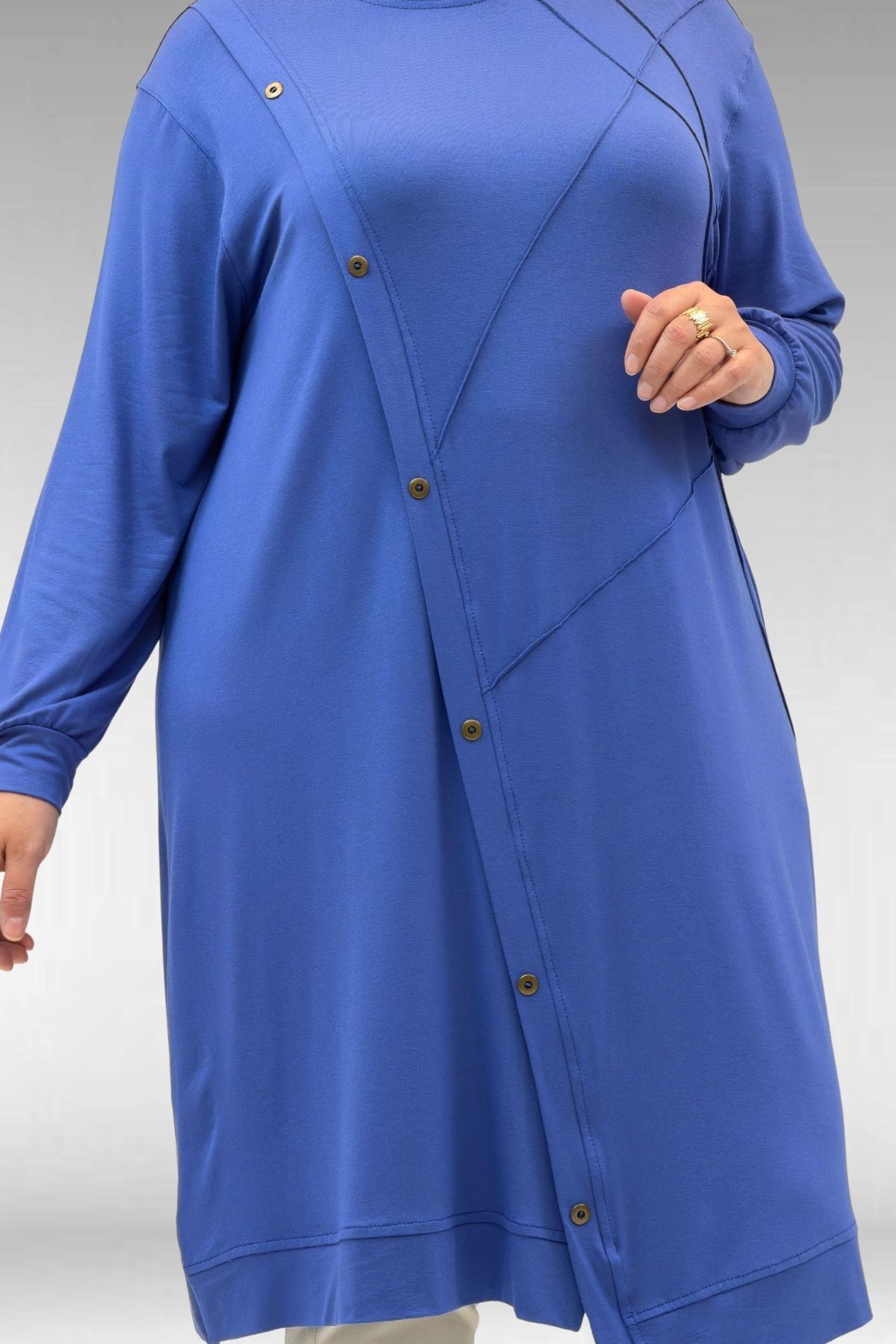 68006 Büyük Beden Pat Üzeri Düğme Detaylı Penye Tunik - İndigo