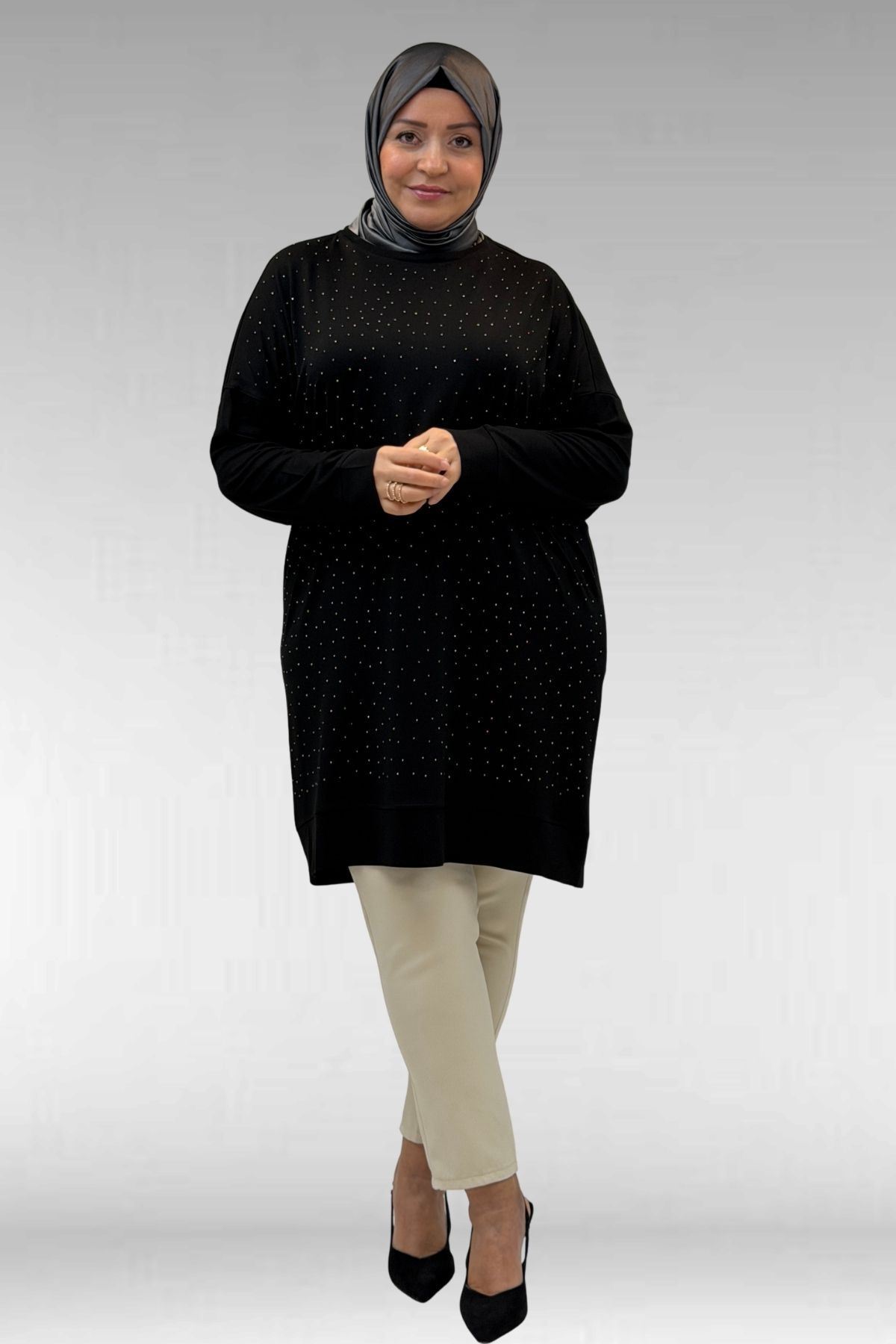 68001 Büyük Beden Önü Taş Baskı Detaylı Penye Tunik - Siyah