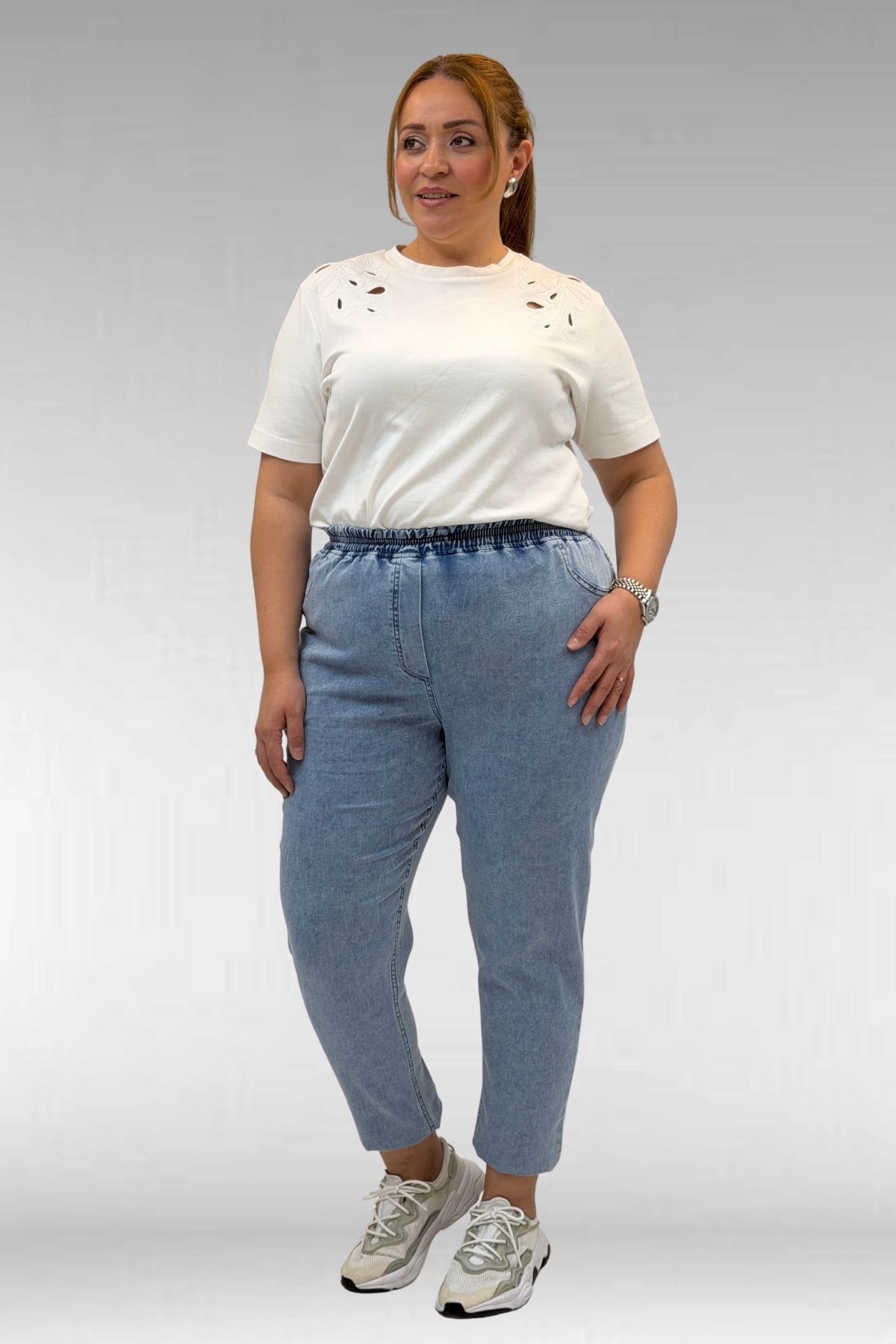 69002 Büyük Beden Beli Lastikli Darpaça Uzun Kot Pantolon - Açık Mavi