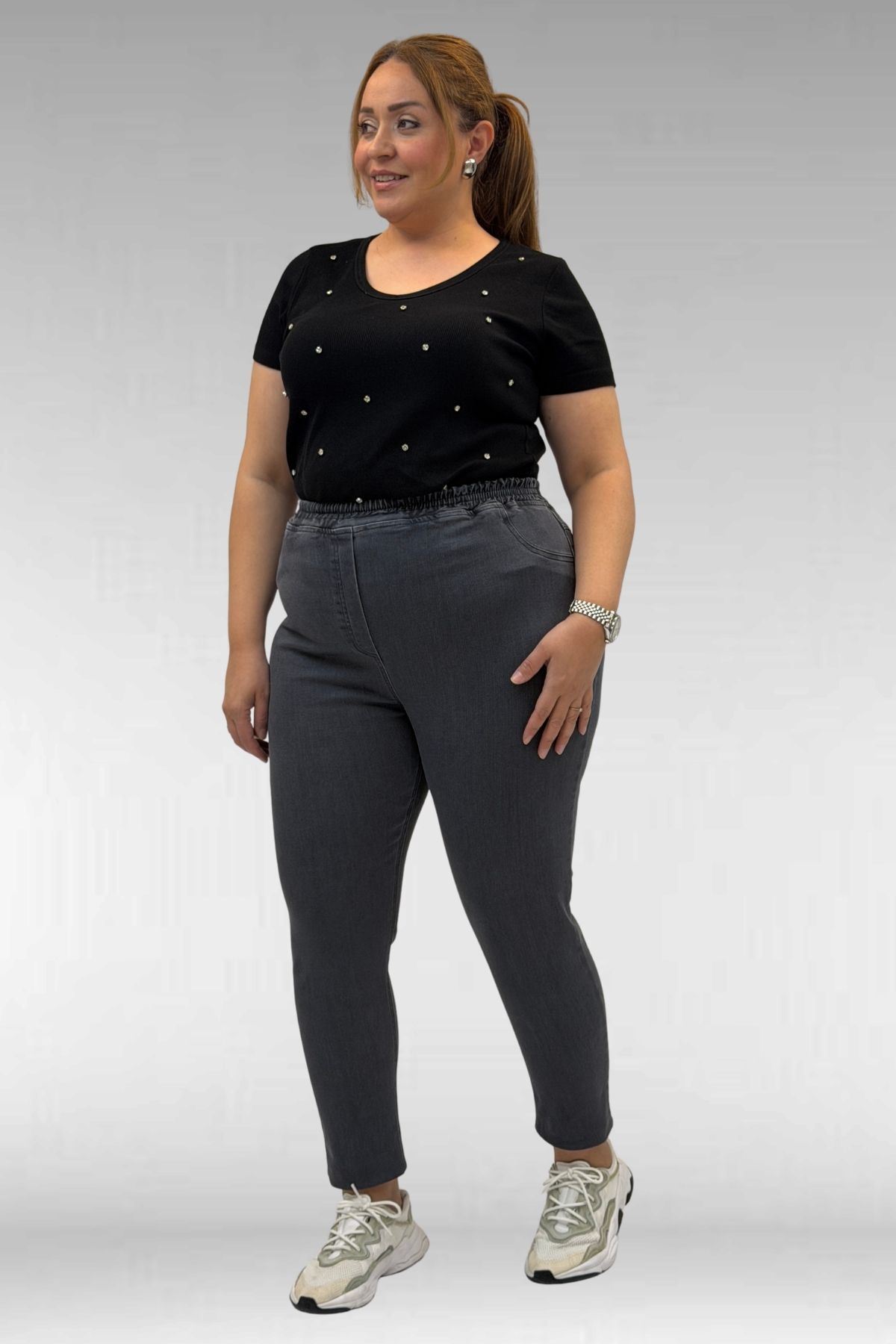 69002 Büyük Beden Beli Lastikli Darpaça Uzun Kot Pantolon - Koyu Gri