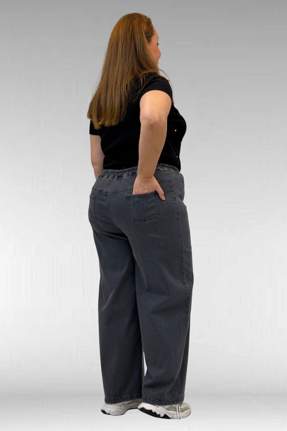 69003 Büyük Beden Beli Lastikli Bolpaça Kot Pantolon - Koyu Gri