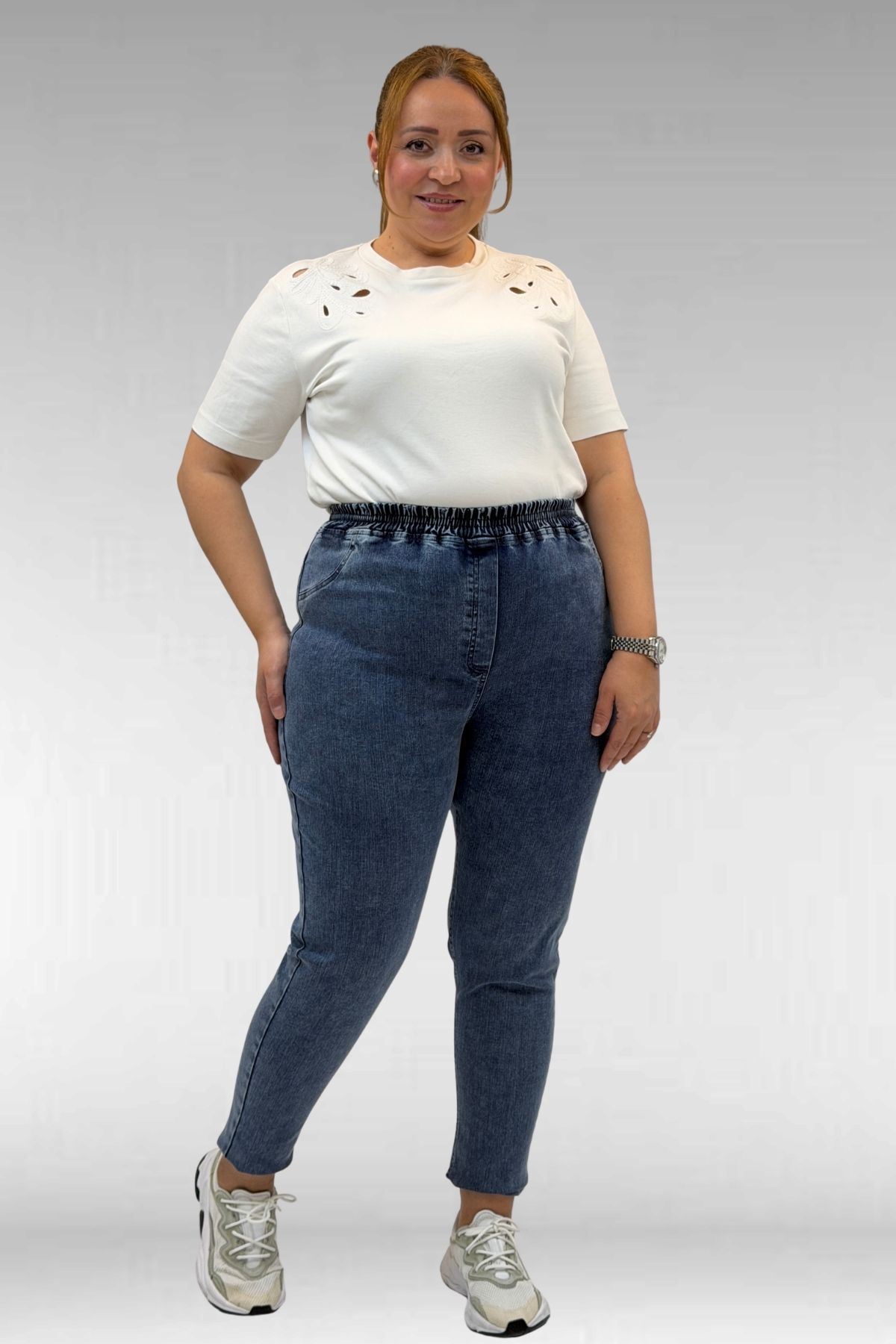 69002 Büyük Beden Beli Lastikli Darpaça Uzun Kot Pantolon - Koyu Mavi