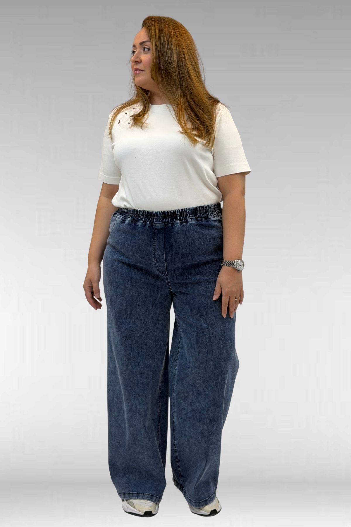 69003 Büyük Beden Beli Lastikli Bolpaça Kot Pantolon - Koyu Mavi