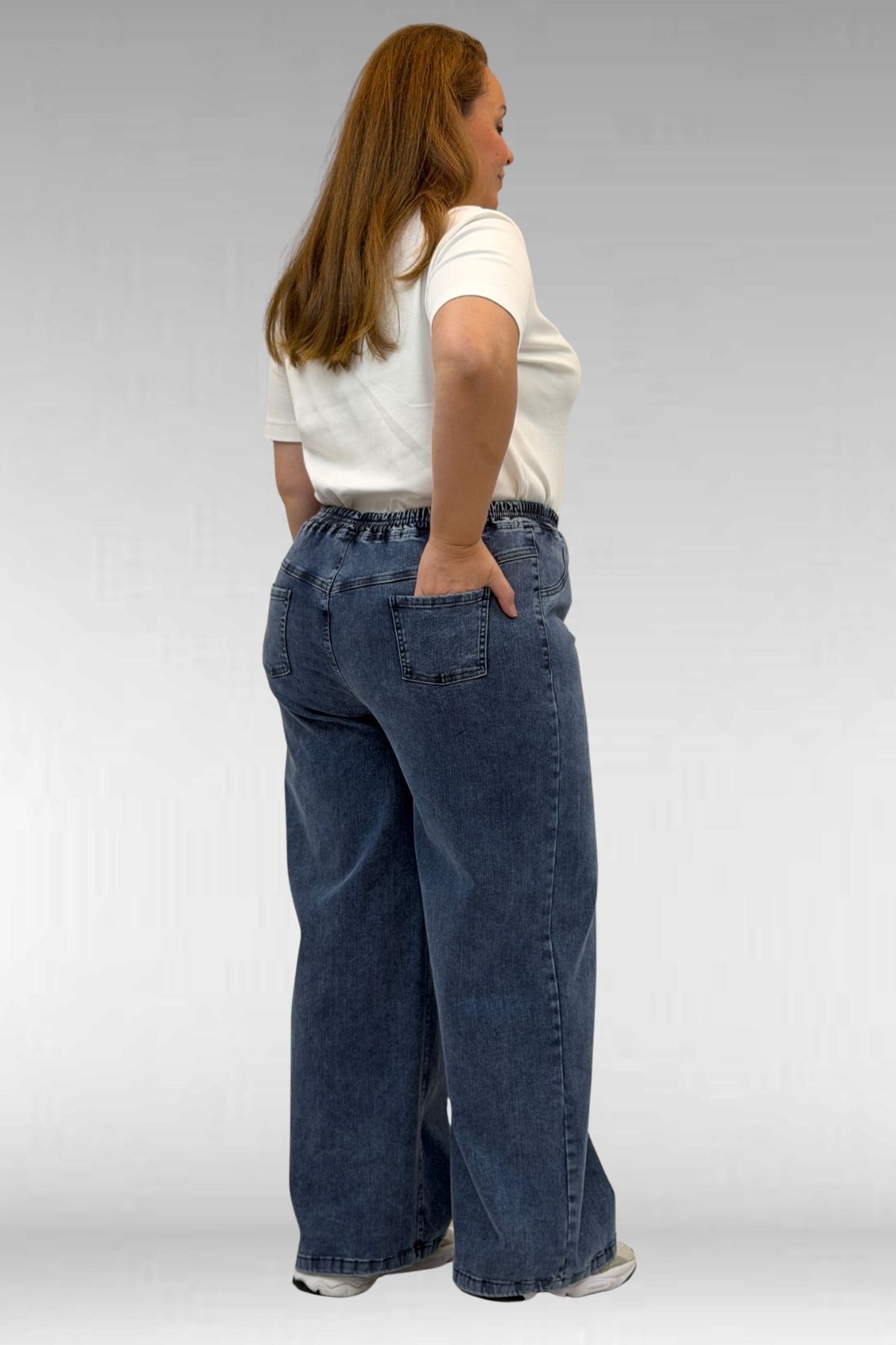 69003 Büyük Beden Beli Lastikli Bolpaça Kot Pantolon - Koyu Mavi