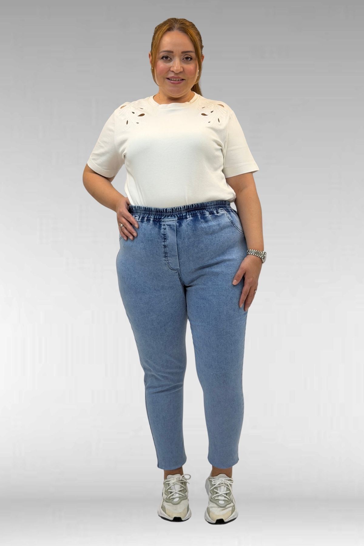 69002 Büyük Beden Beli Lastikli Darpaça Uzun Kot Pantolon - Mavi