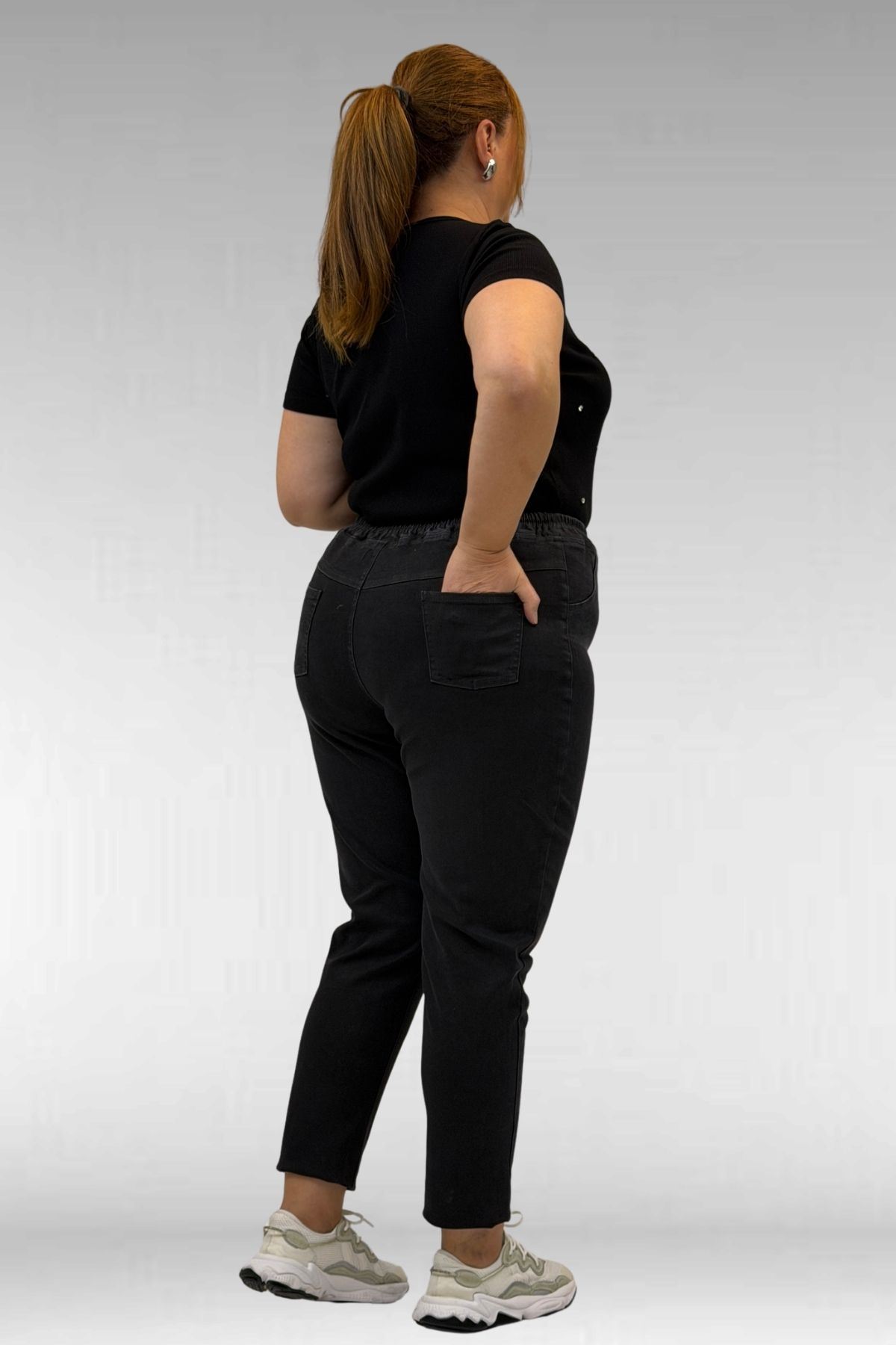 69002 Büyük Beden Beli Lastikli Darpaça Uzun Kot Pantolon - Siyah