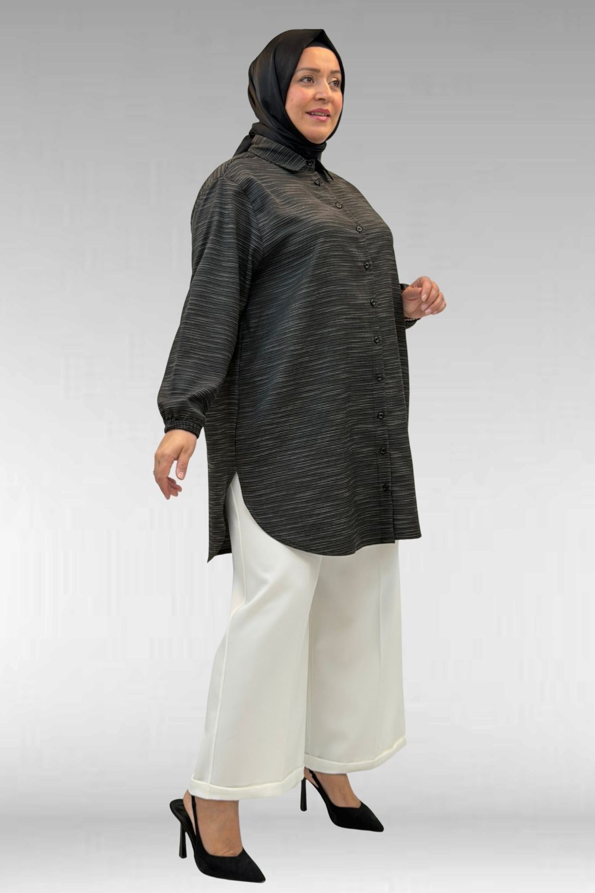 58068 Büyük Beden Erkek Yakalı Gömlek - Siyah Kırçıllı