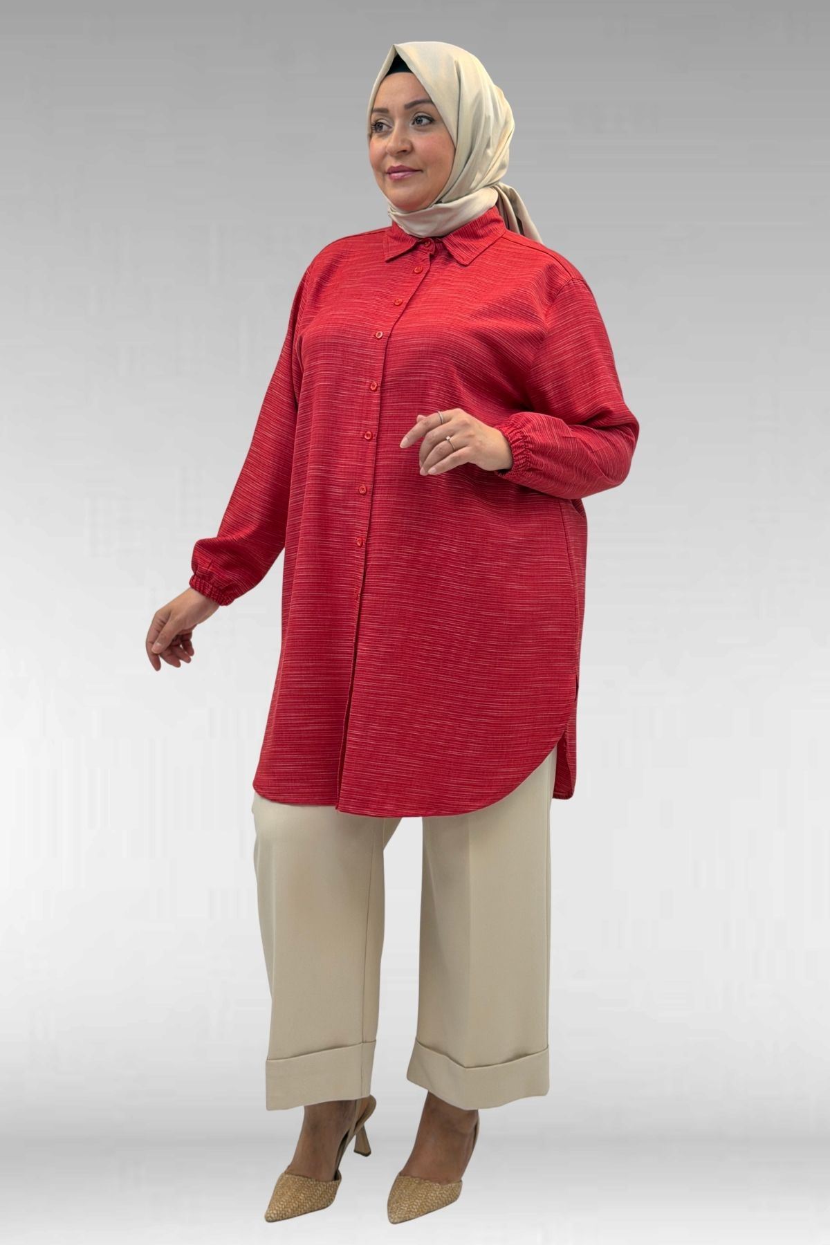 58068 Büyük Beden Erkek Yakalı Gömlek - Kırmızı Kırçıllı