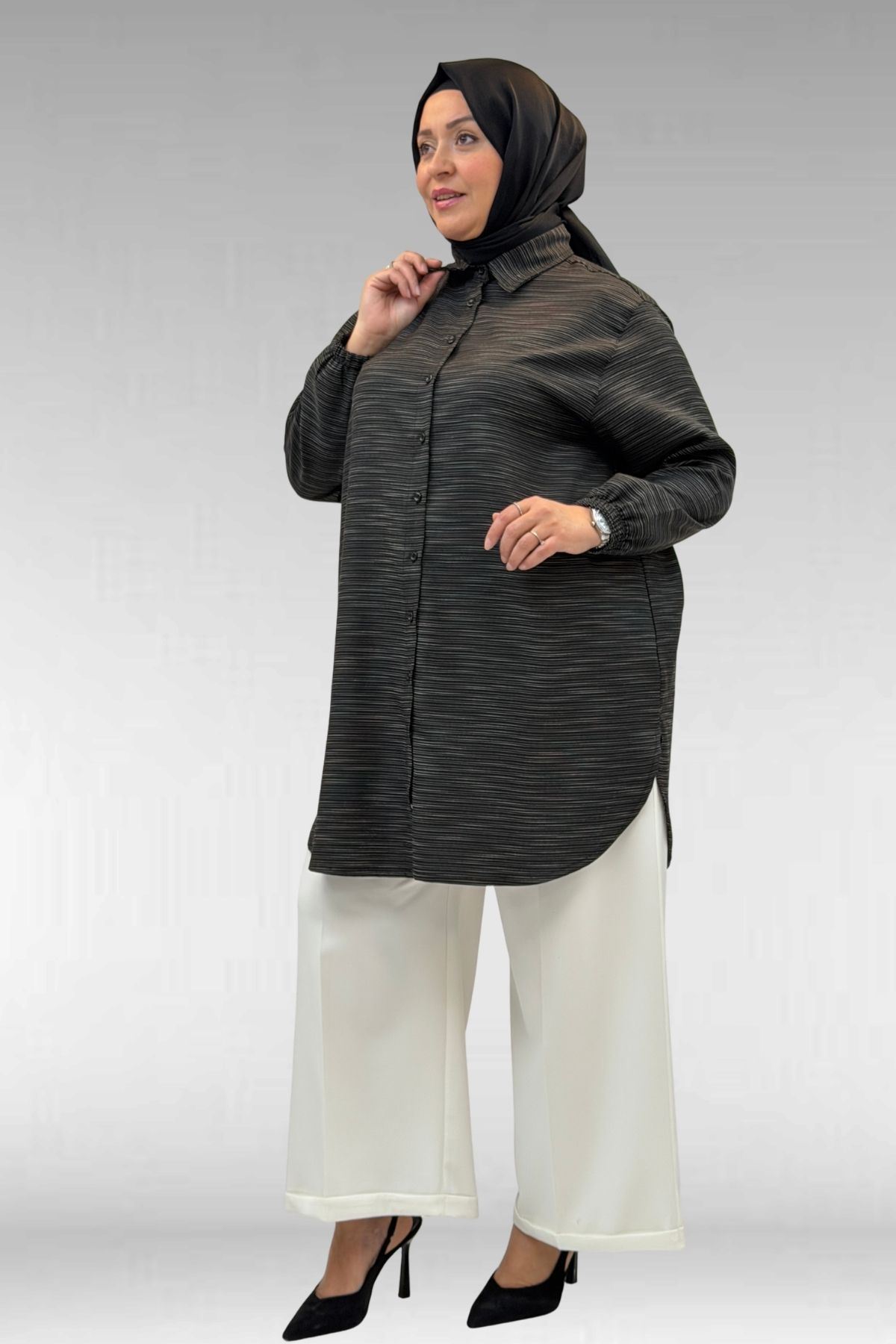 58068 Büyük Beden Erkek Yakalı Gömlek - Siyah Kırçıllı