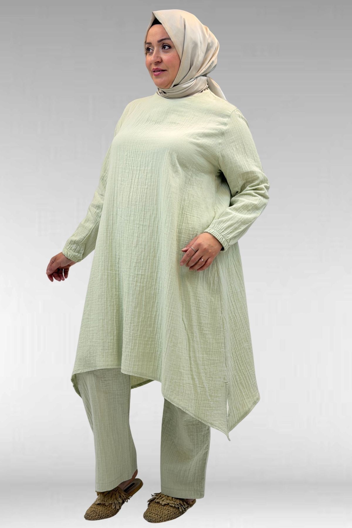 67044 Büyük Beden Asimetrik Kesim Pantolonlu Müslin Takım - nefti