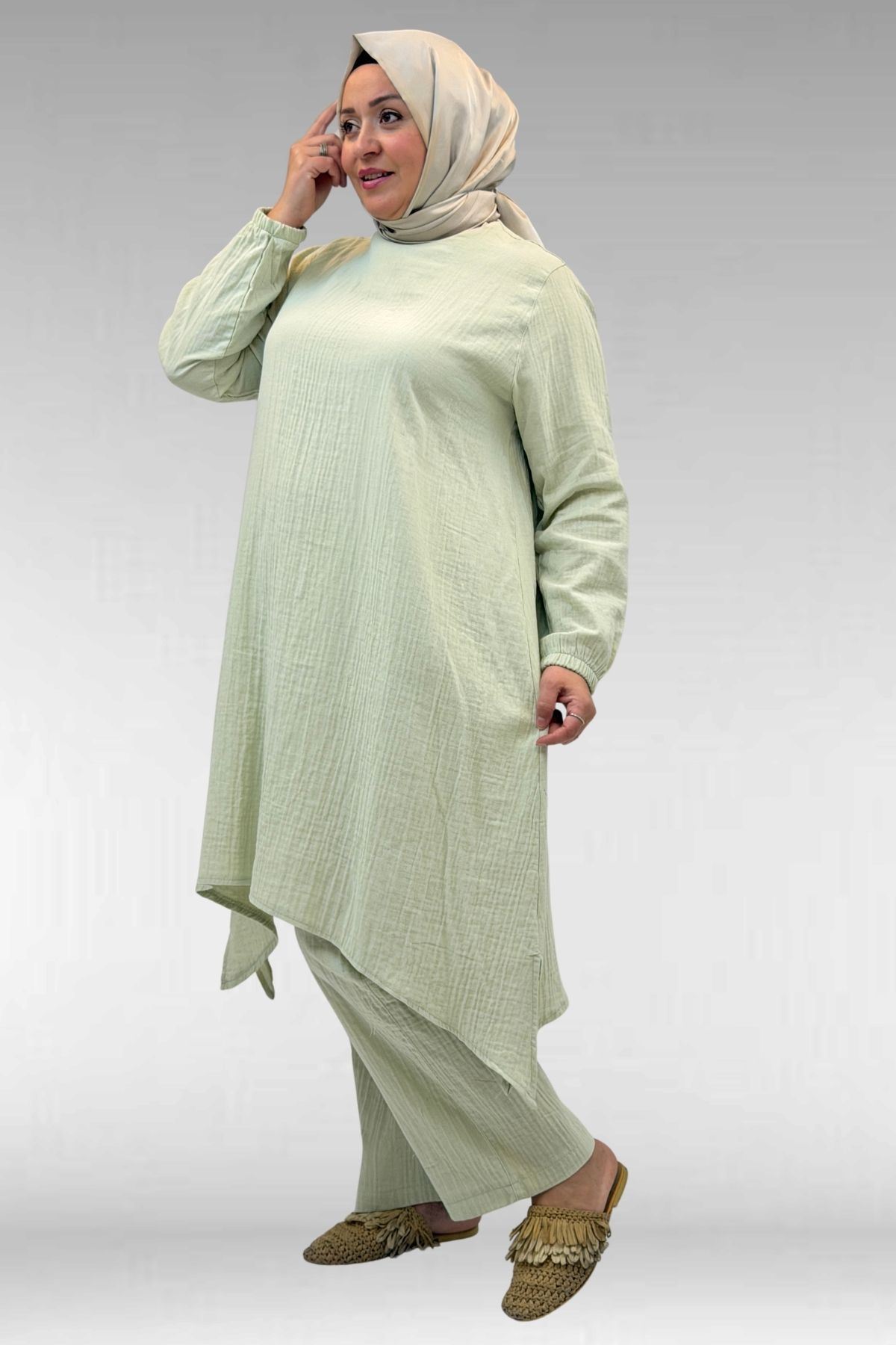 67044 Büyük Beden Asimetrik Kesim Pantolonlu Müslin Takım - nefti