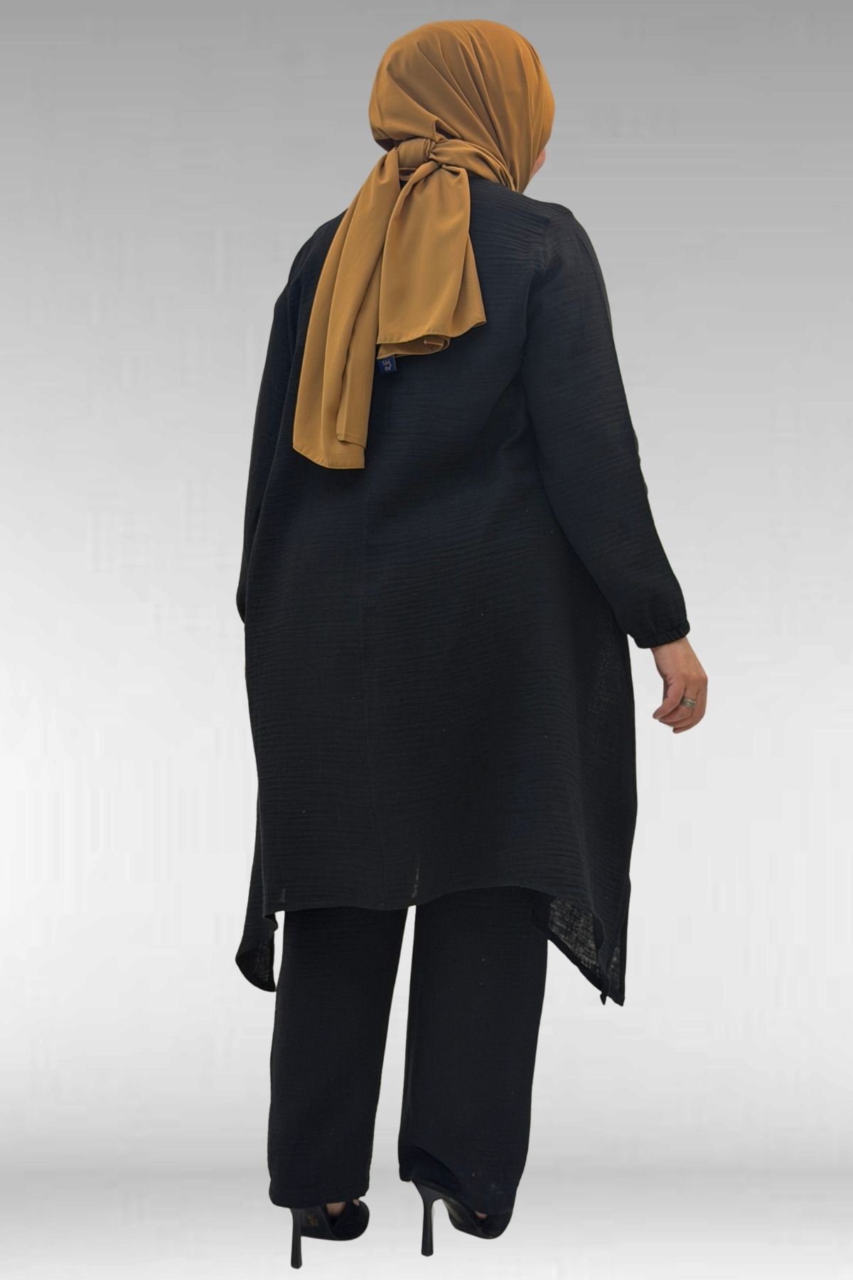 67044 Büyük Beden Asimetrik Kesim Pantolonlu Müslin Takım - Siyah