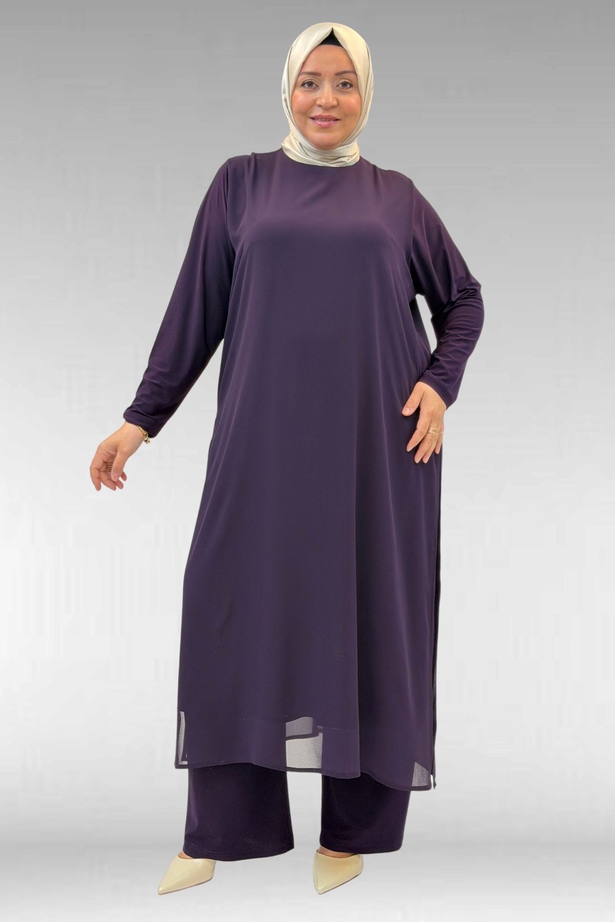 67024 Büyük Beden Sandy-Şifon Takım - Mürdüm